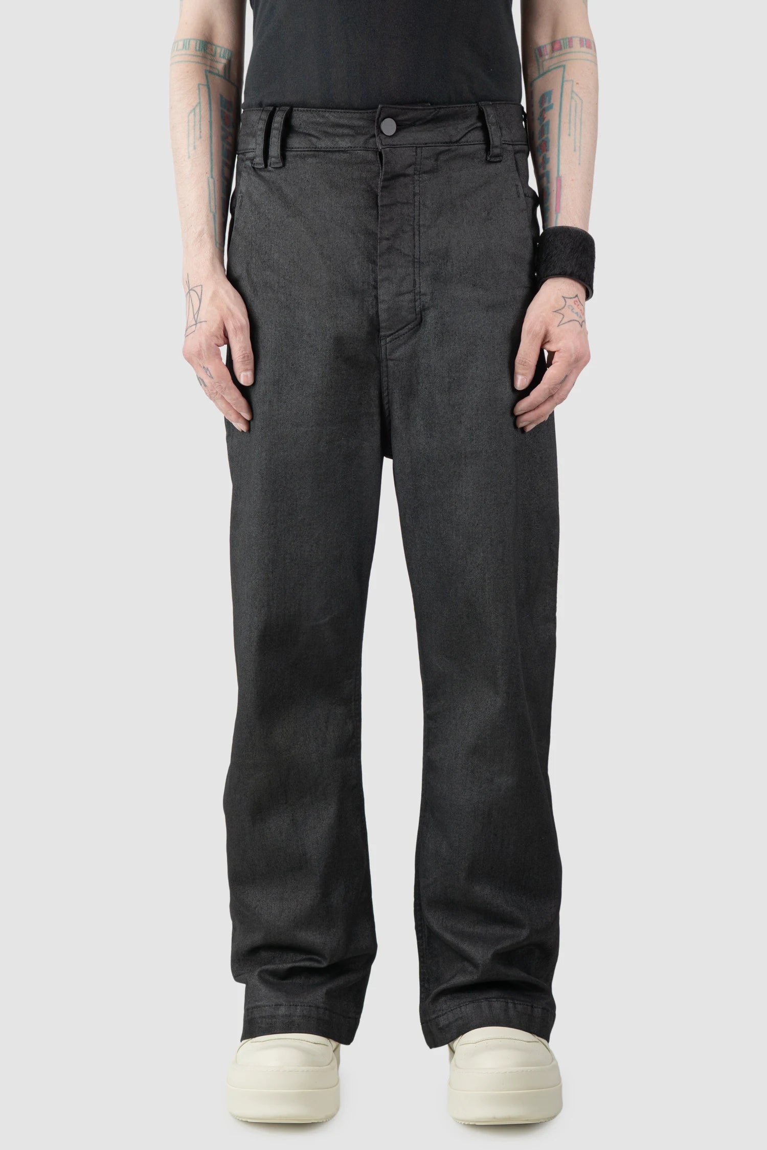 Thom Krom – Men's Black Coated Wide Leg Denim Jeans - model front view - MONO-KROM | Gallery