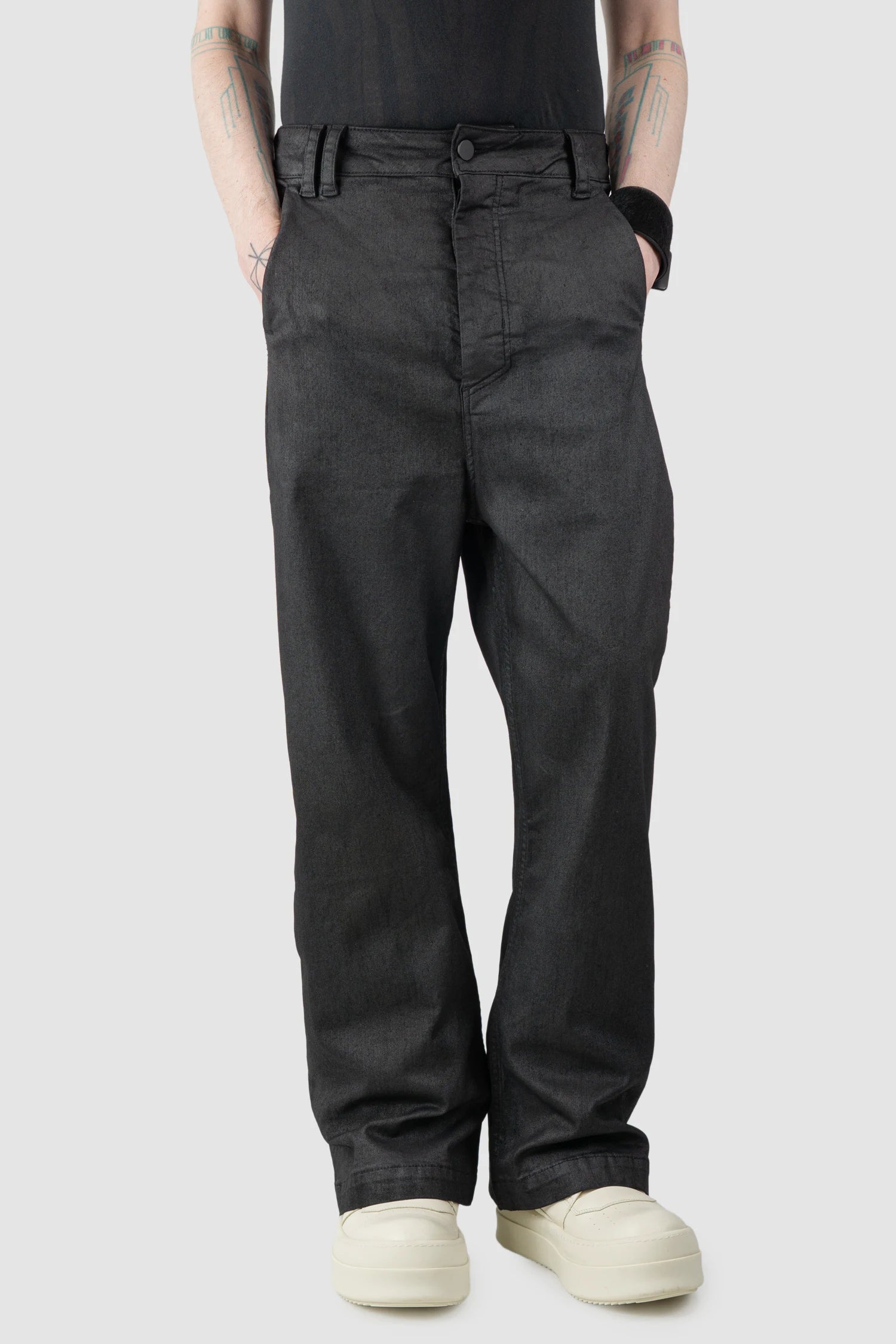 Thom Krom – Men's Black Coated Wide Leg Denim Jeans - model relaxed view