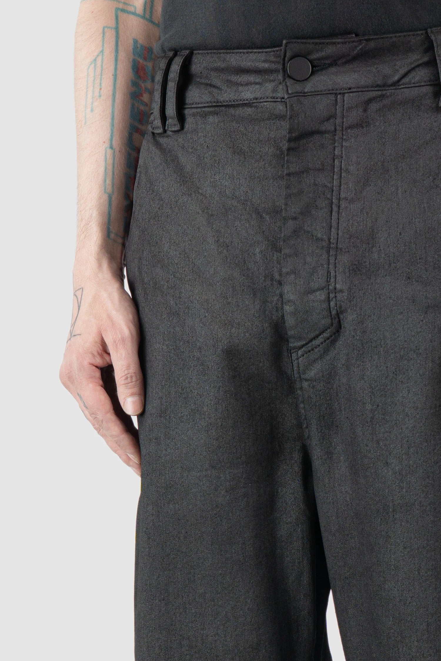 Thom Krom – Men's Black Coated Wide Leg Denim Jeans - waist detail view