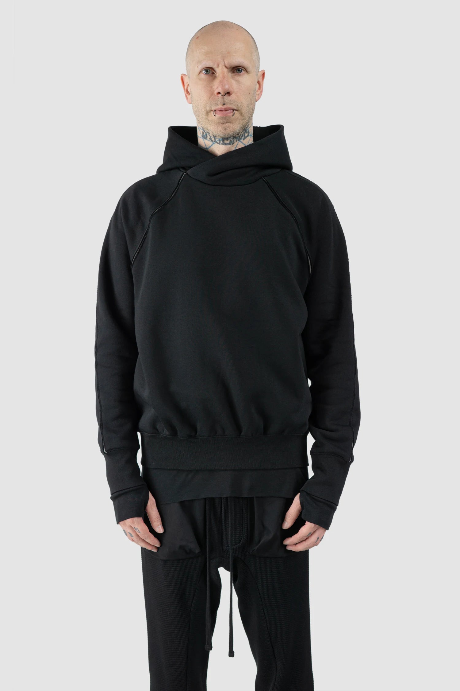 Thom Krom – Men's Black Contrast Line Cotton Hoodie - model front view