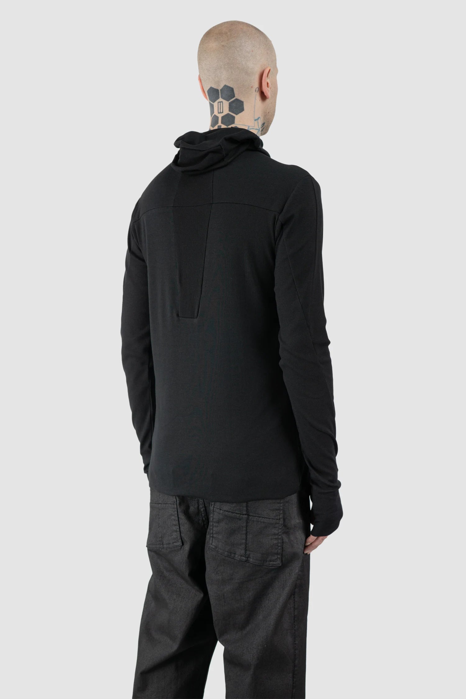 Thom Krom – Men's Black Cotton Balaclava Hooded Long Sleeve - model back side view