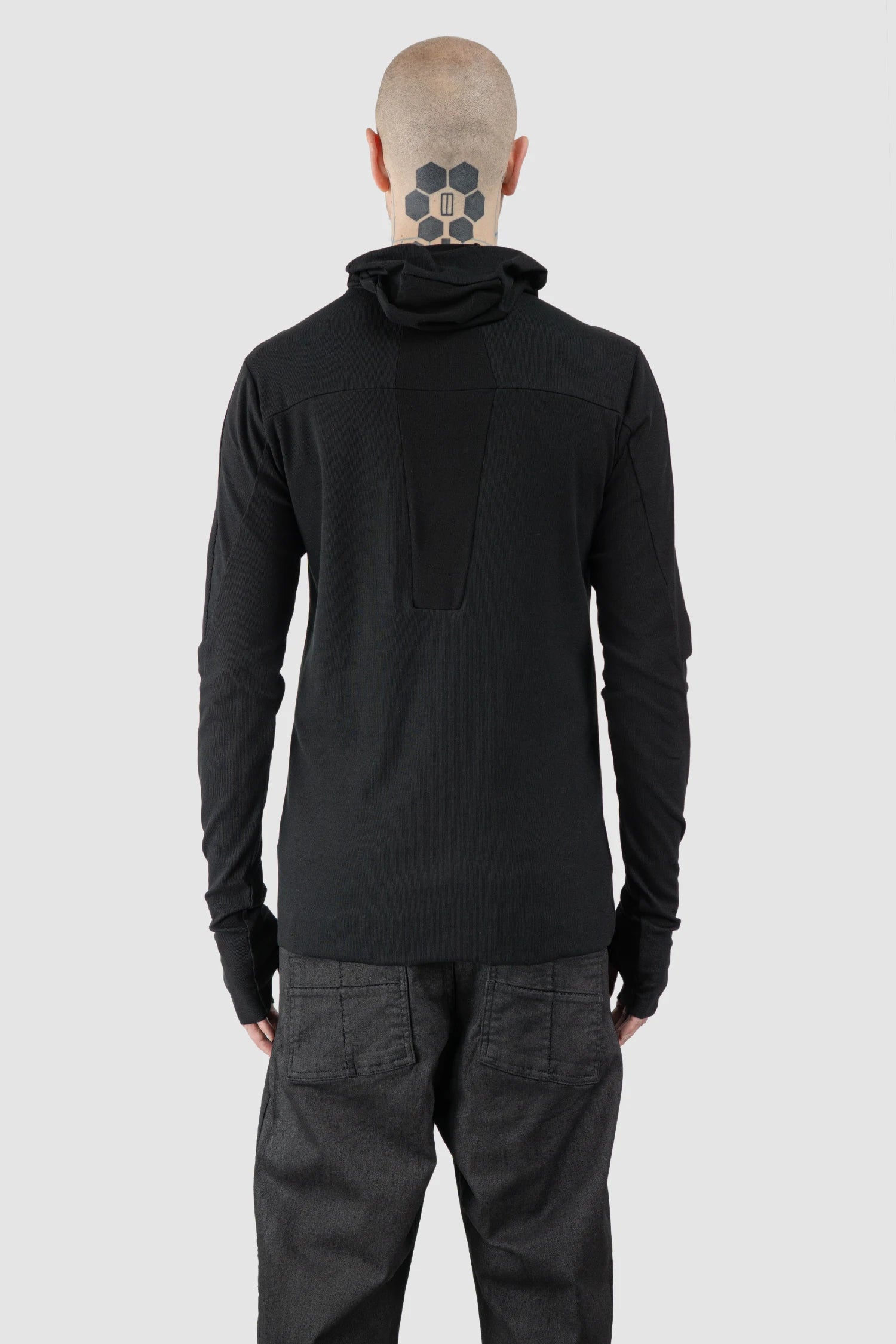 Thom Krom – Men's Black Cotton Balaclava Hooded Long Sleeve - model back view