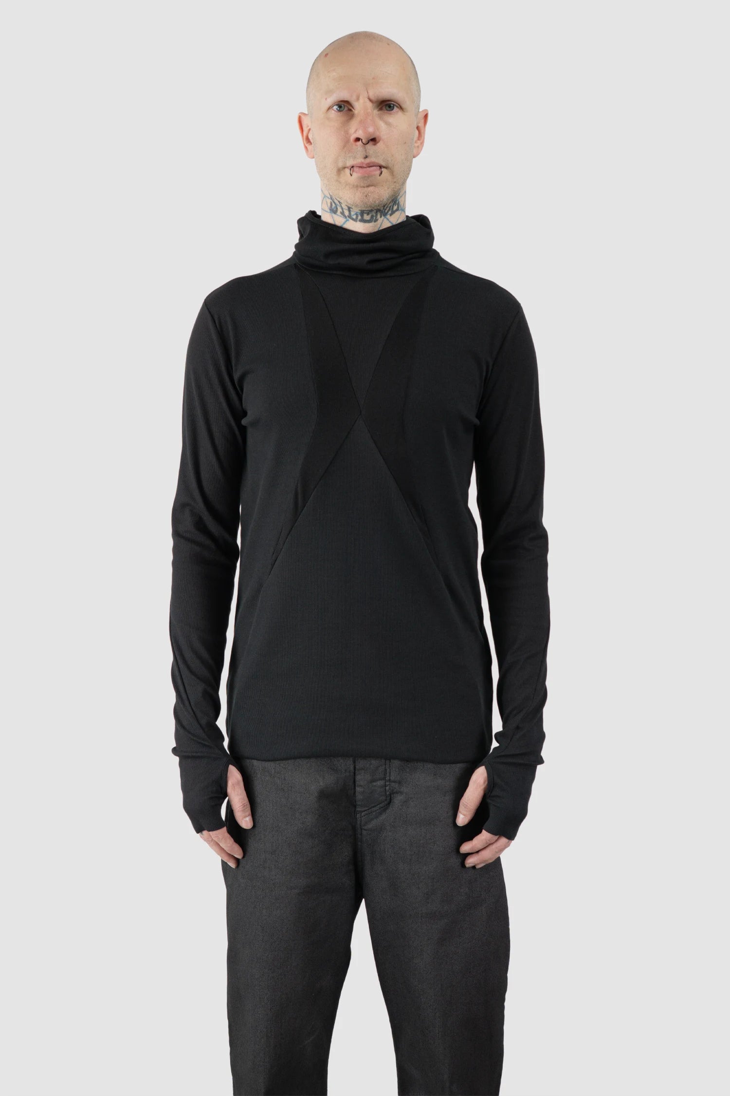Thom Krom – Men's Black Cotton Balaclava Hooded Long Sleeve - model front view - MONO-KROM | Gallery