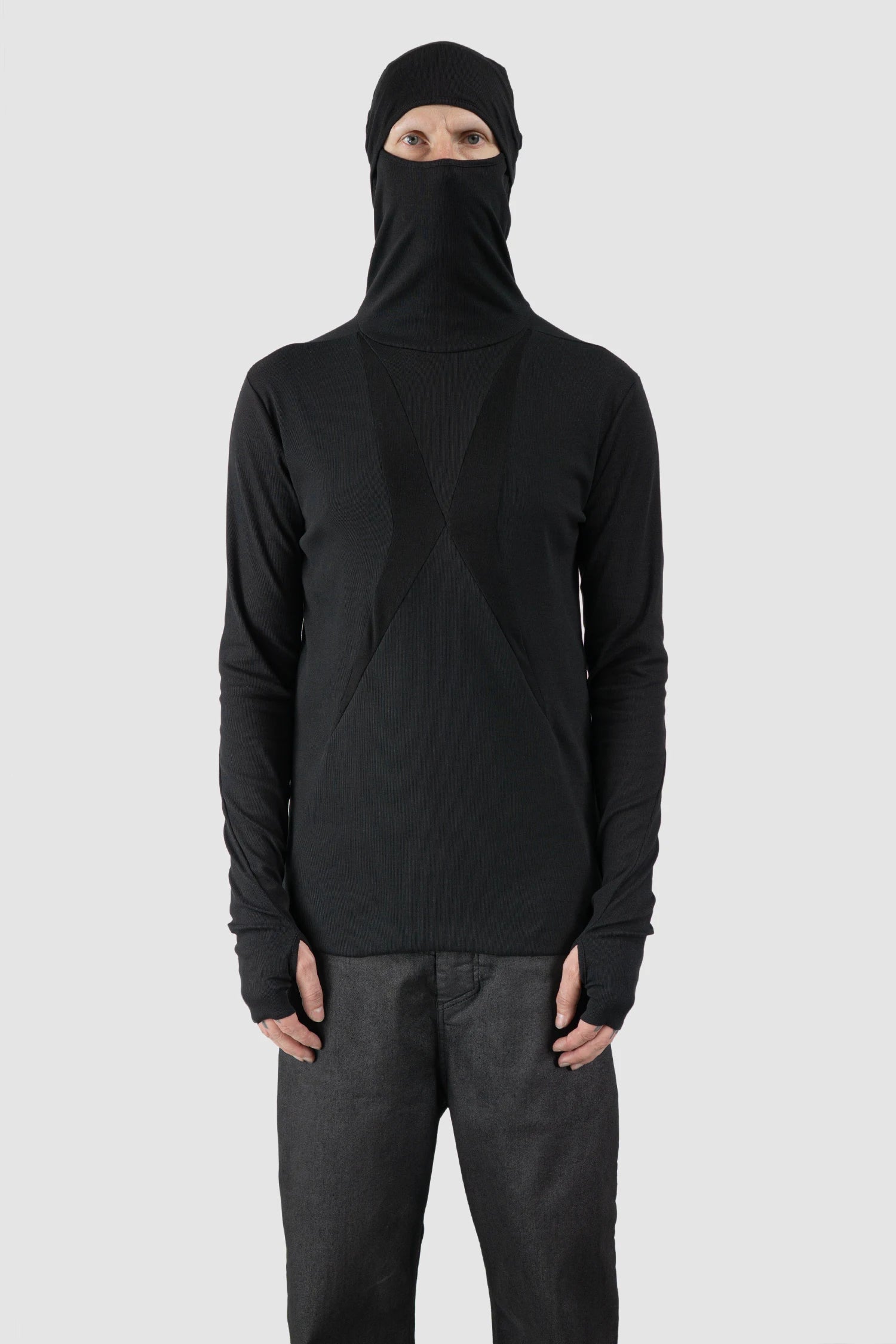 Thom Krom – Men's Black Cotton Balaclava Hooded Long Sleeve - model hooded front view