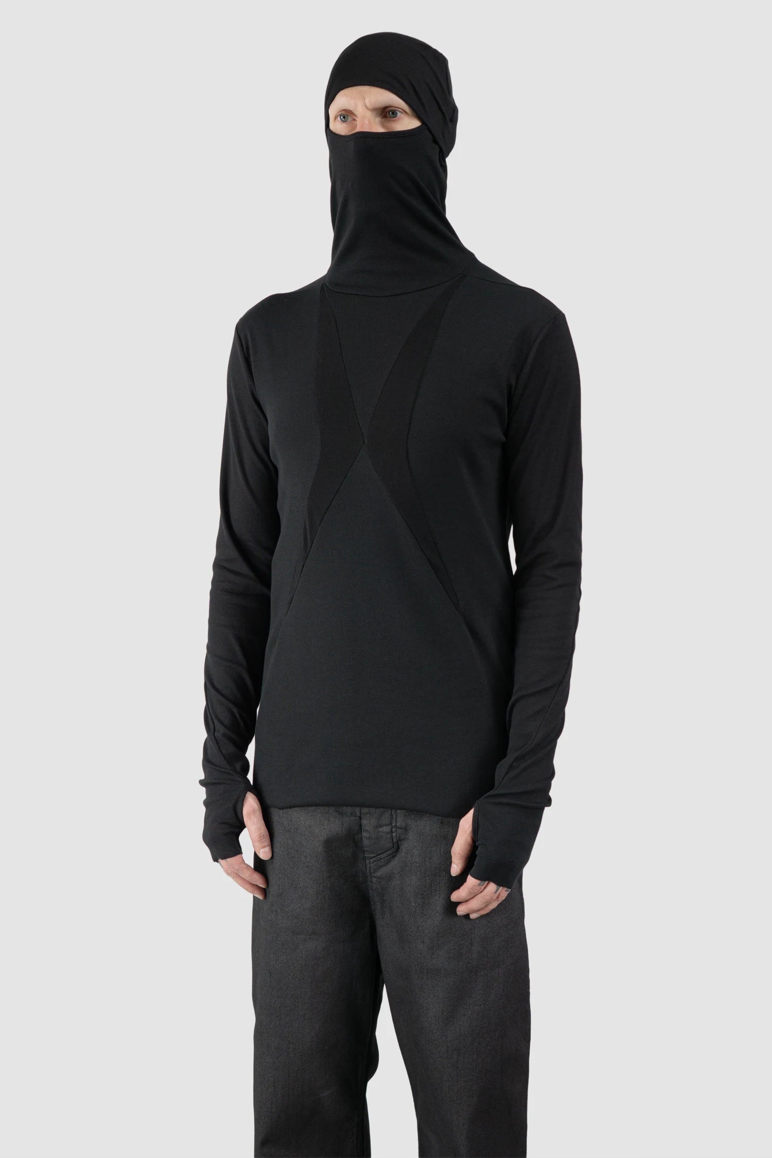 Thom Krom – Men's Black Cotton Balaclava Hooded Long Sleeve - model hooded side view - MONO-KROM | Gallery