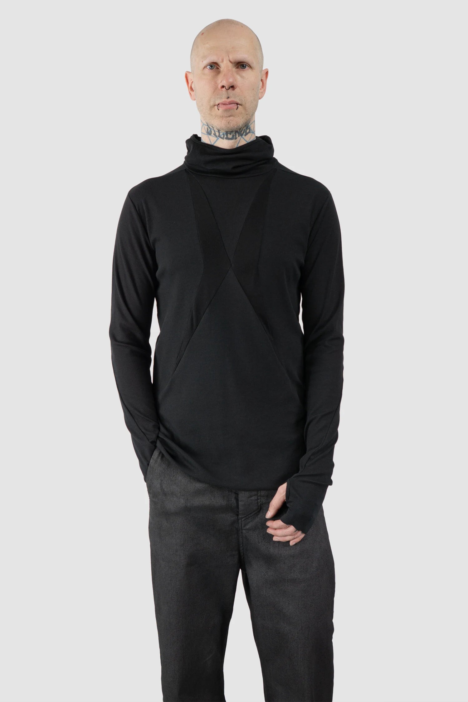 Thom Krom – Men's Black Cotton Balaclava Hooded Long Sleeve - model relaxed view