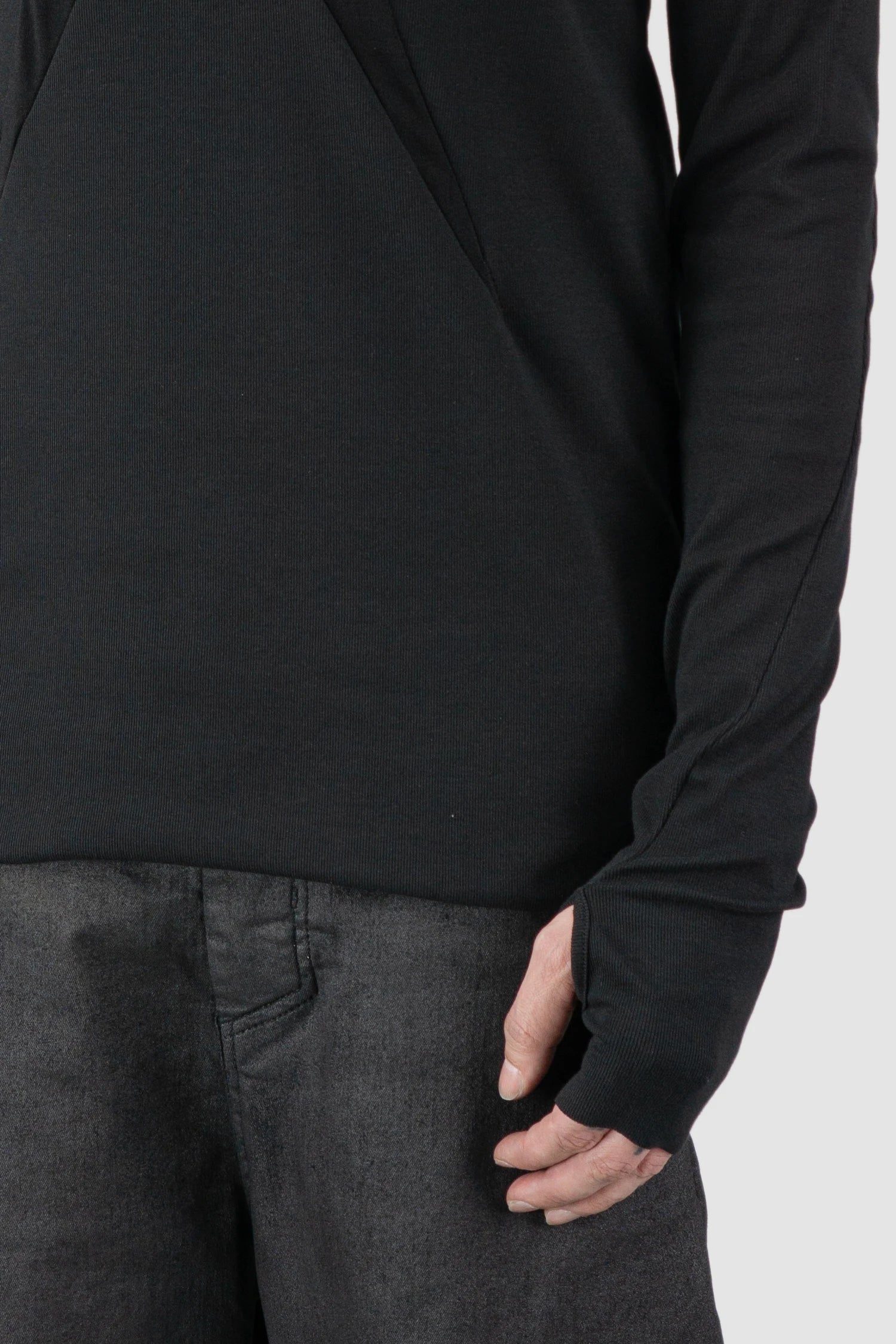 Thom Krom – Men's Black Cotton Balaclava Hooded Long Sleeve - thumbhole detail view