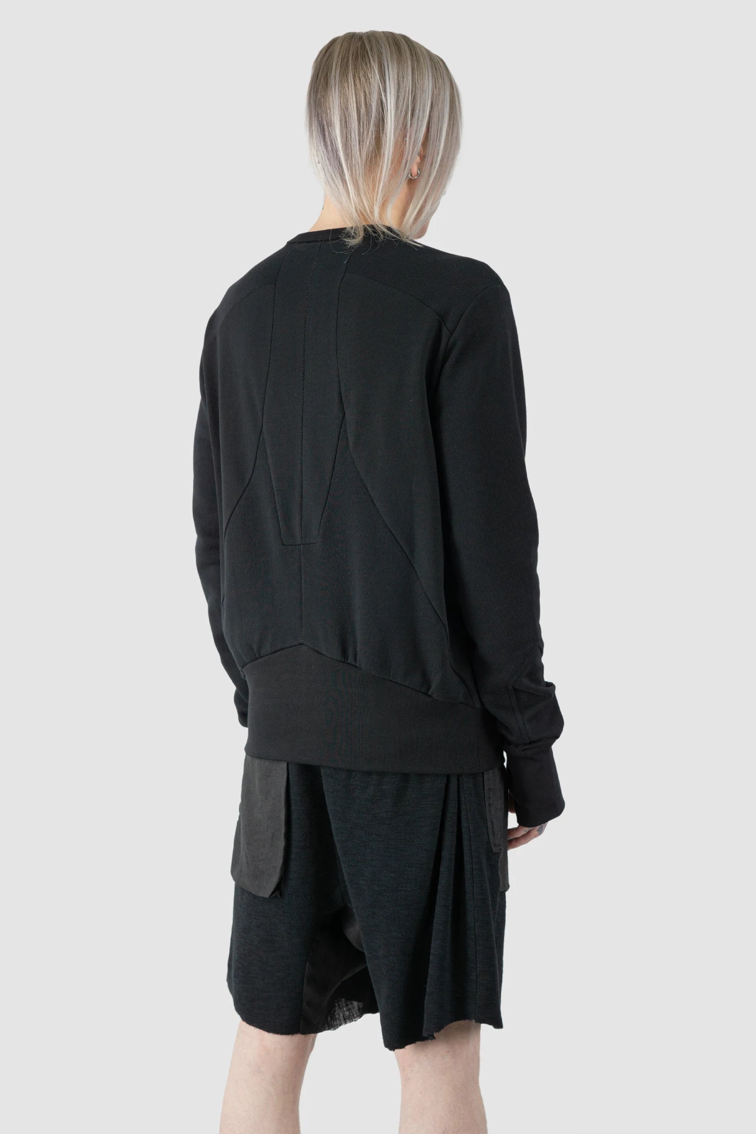 Thom Krom - Men’s Black Cotton Crew Neck Sweater M-S-189 model back side view