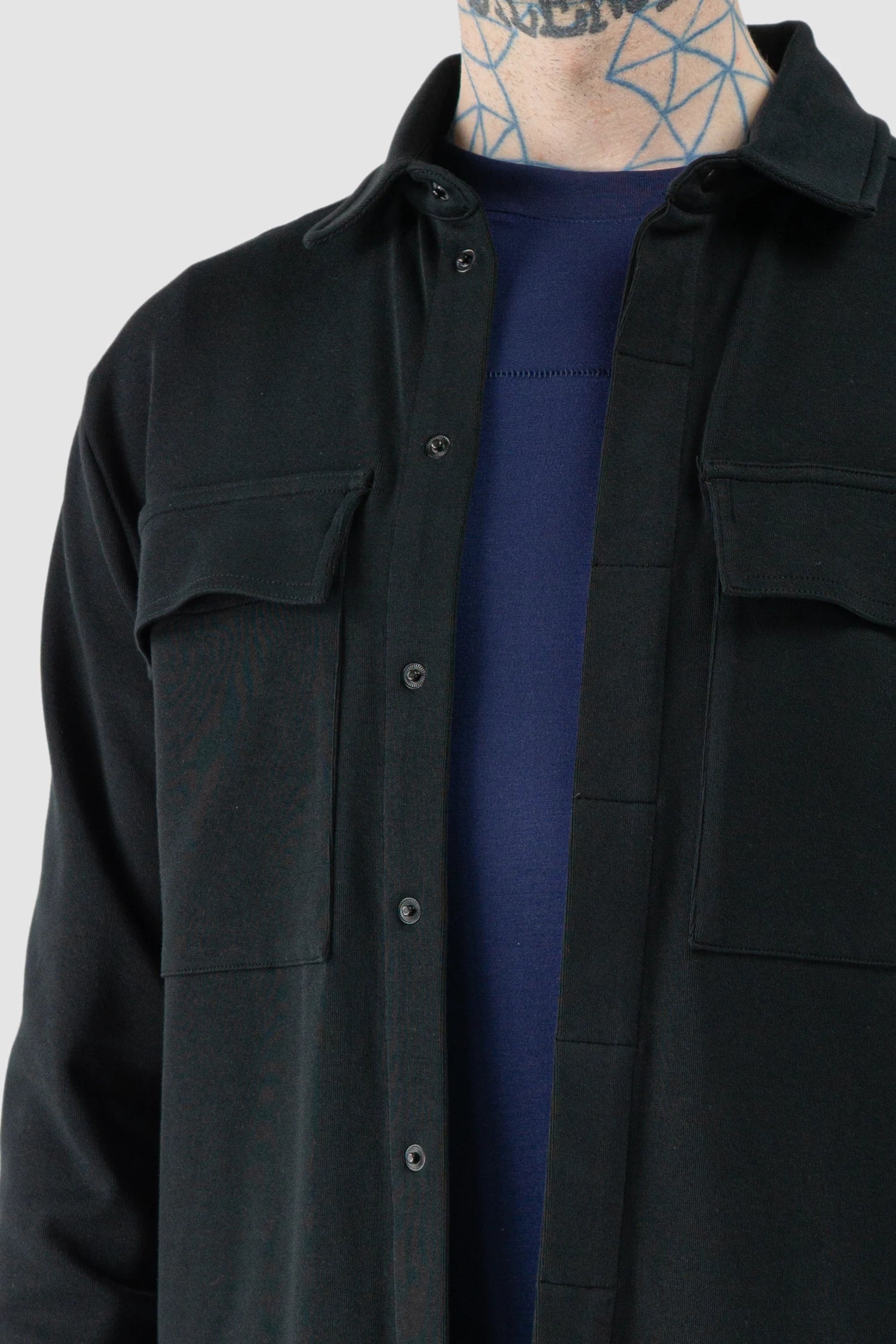 Thom Krom – Men's Black Cotton Jersey Overshirt - model front detail view