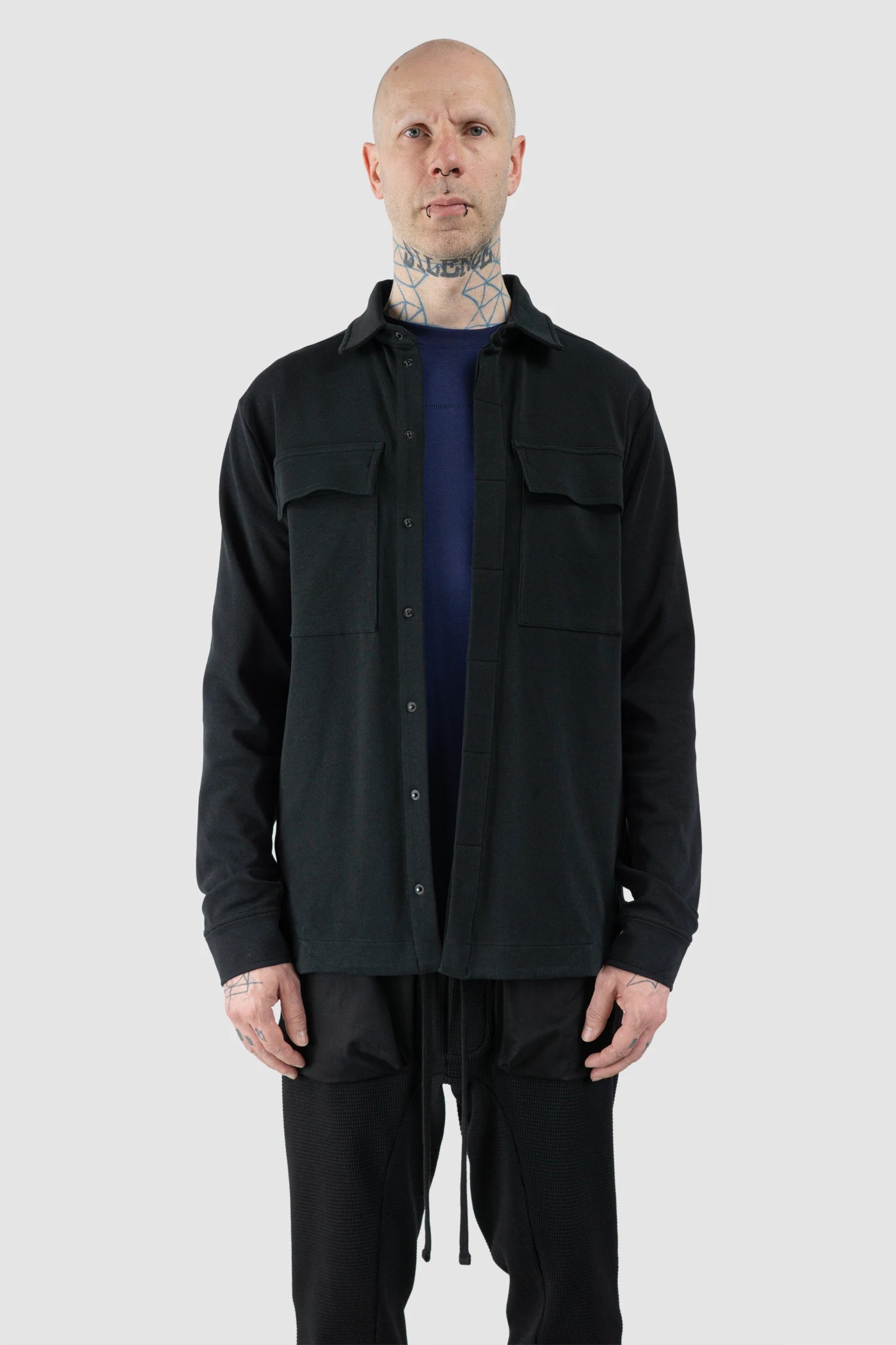 Thom Krom – Men's Black Cotton Jersey Overshirt - model front open view