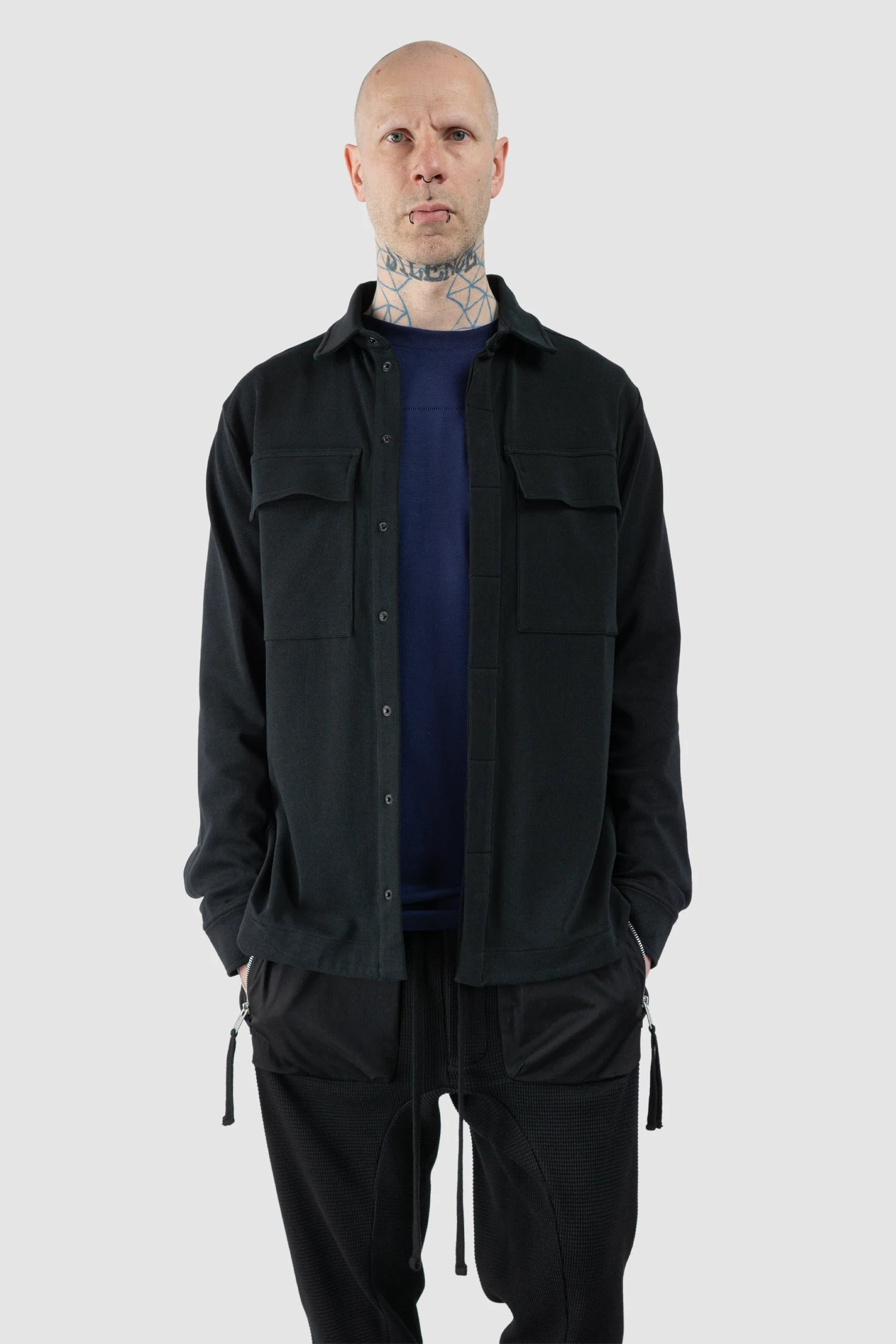 Thom Krom – Men's Black Cotton Jersey Overshirt - model relaxed view