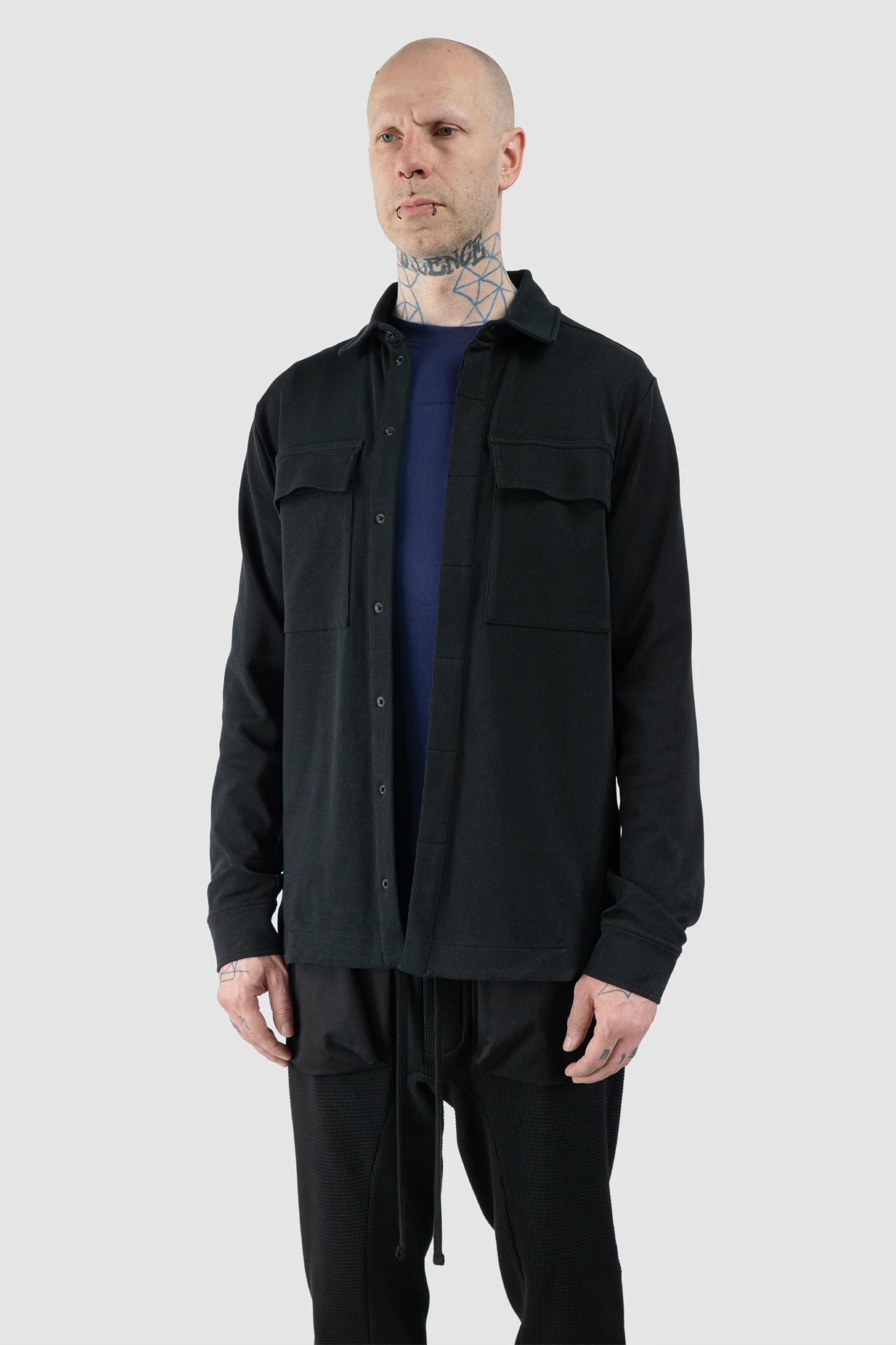 Thom Krom – Men's Black Cotton Jersey Overshirt - model front side open view