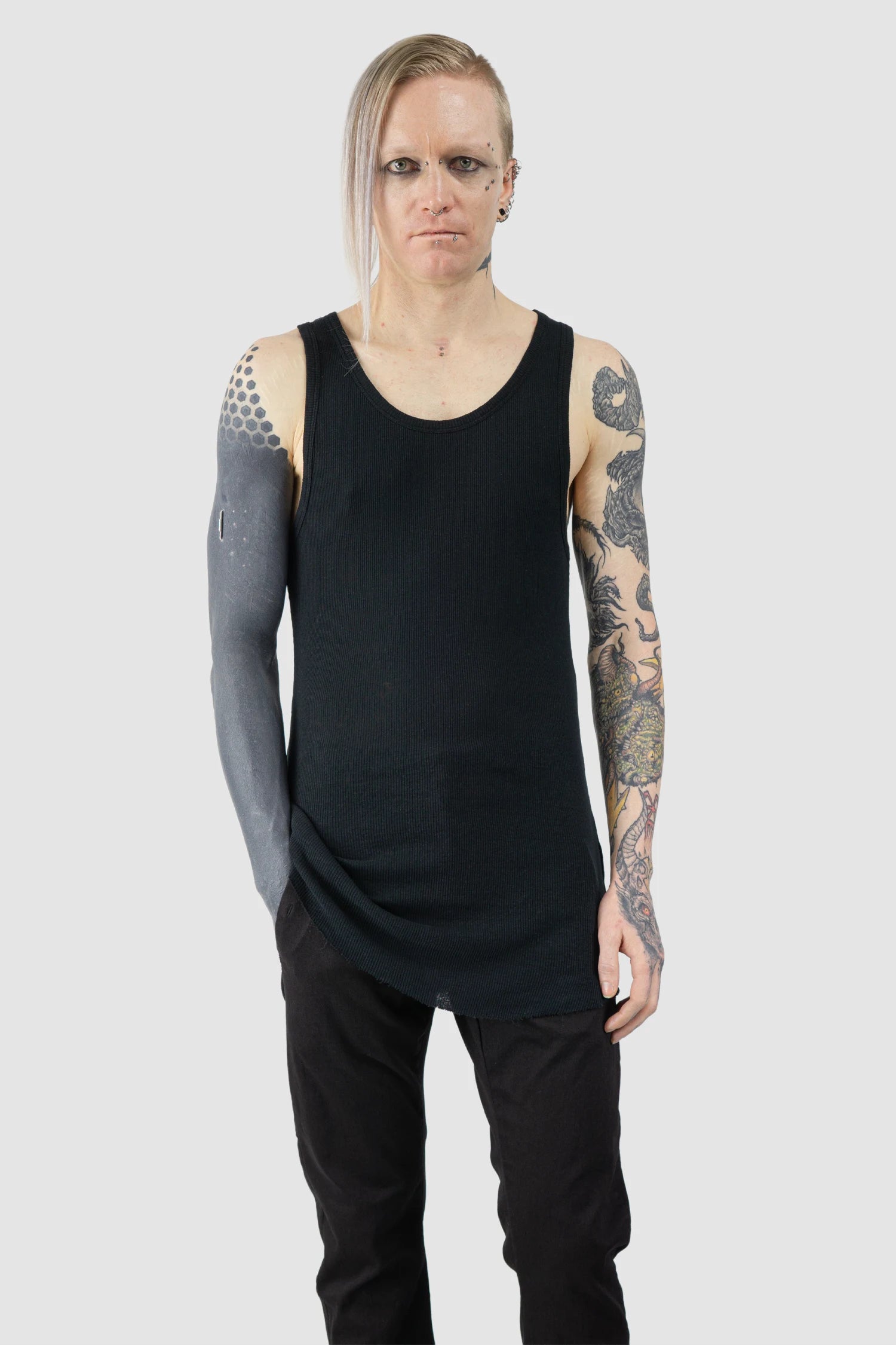 Thom Krom - Men’s Black Cotton-Linen Mix Rib Tank Top M-TS-947 model front relaxed view