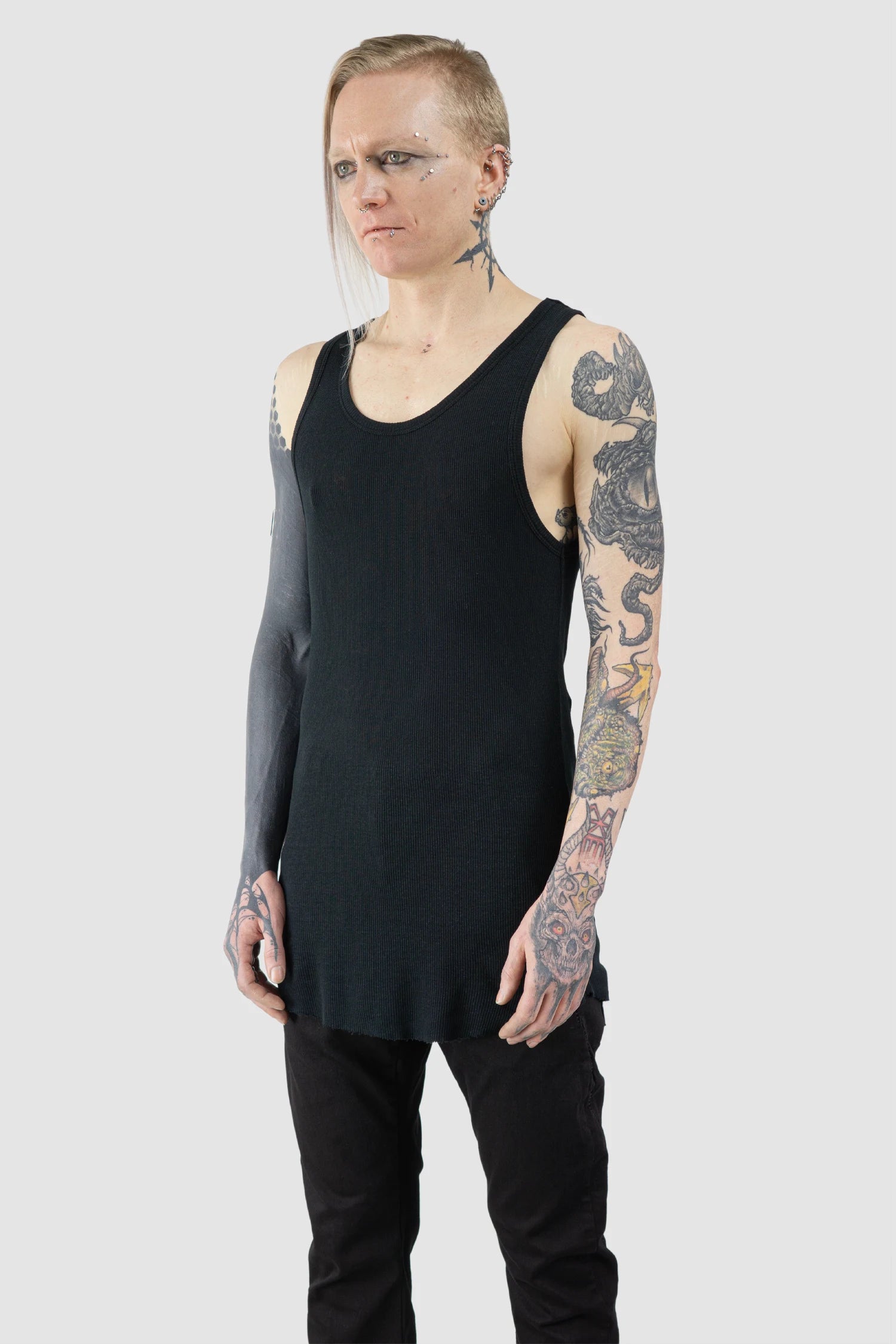 Thom Krom - Men’s Black Cotton-Linen Mix Rib Tank Top M-TS-947 model front side view