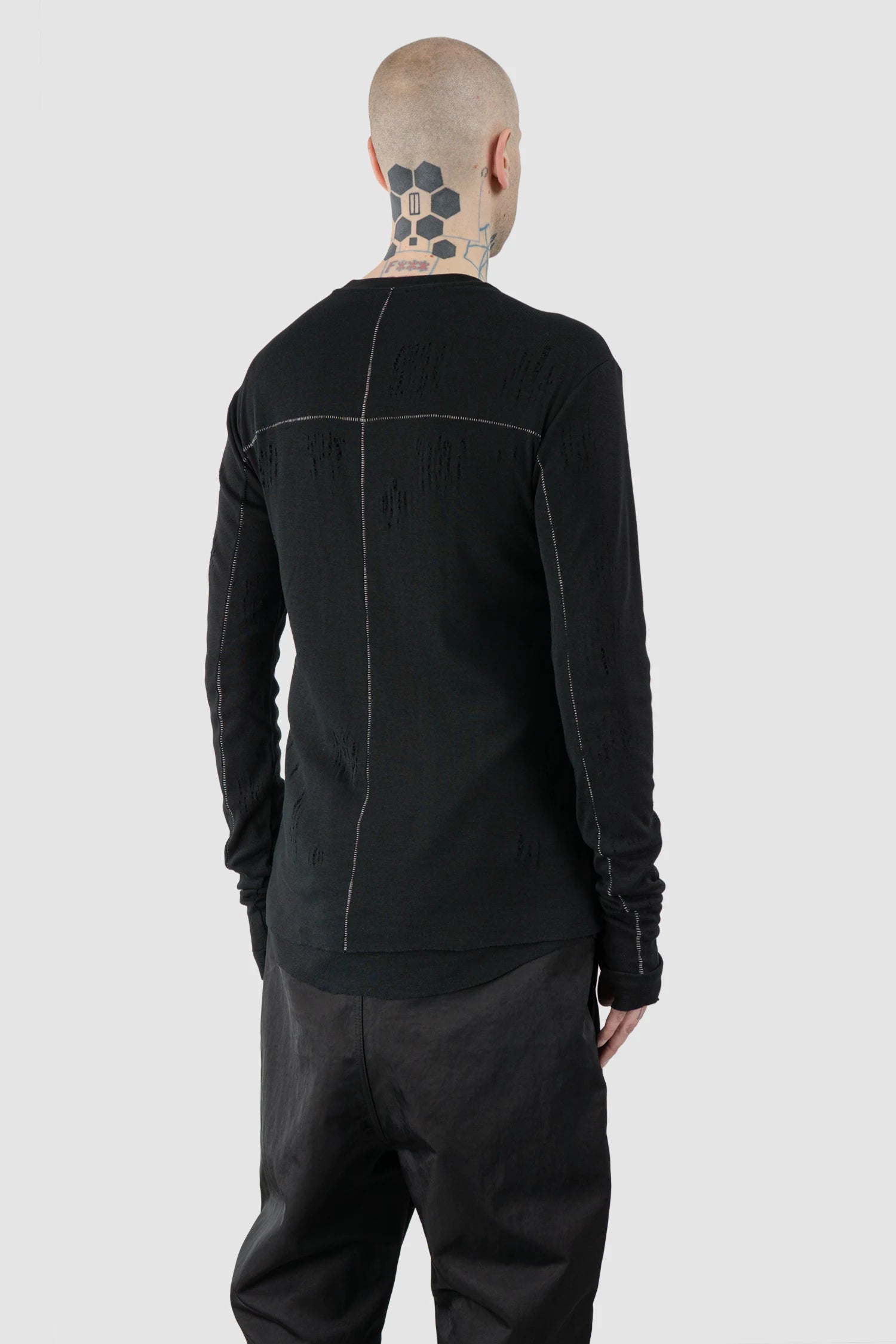 Thom Krom – Men's Black Destroyed Double Layer Long Sleeve - model back side view