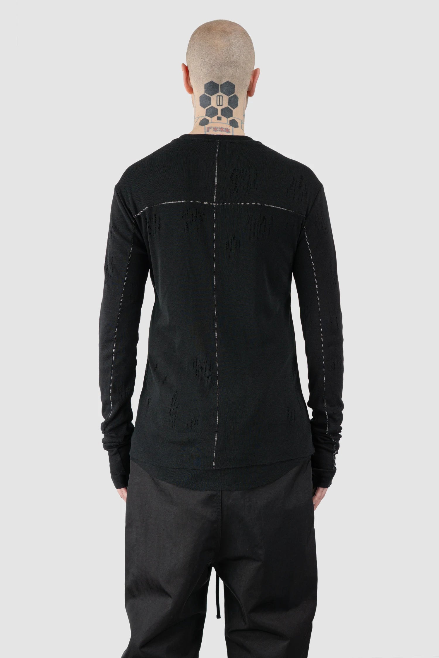 Thom Krom – Men's Black Destroyed Double Layer Long Sleeve - model back view
