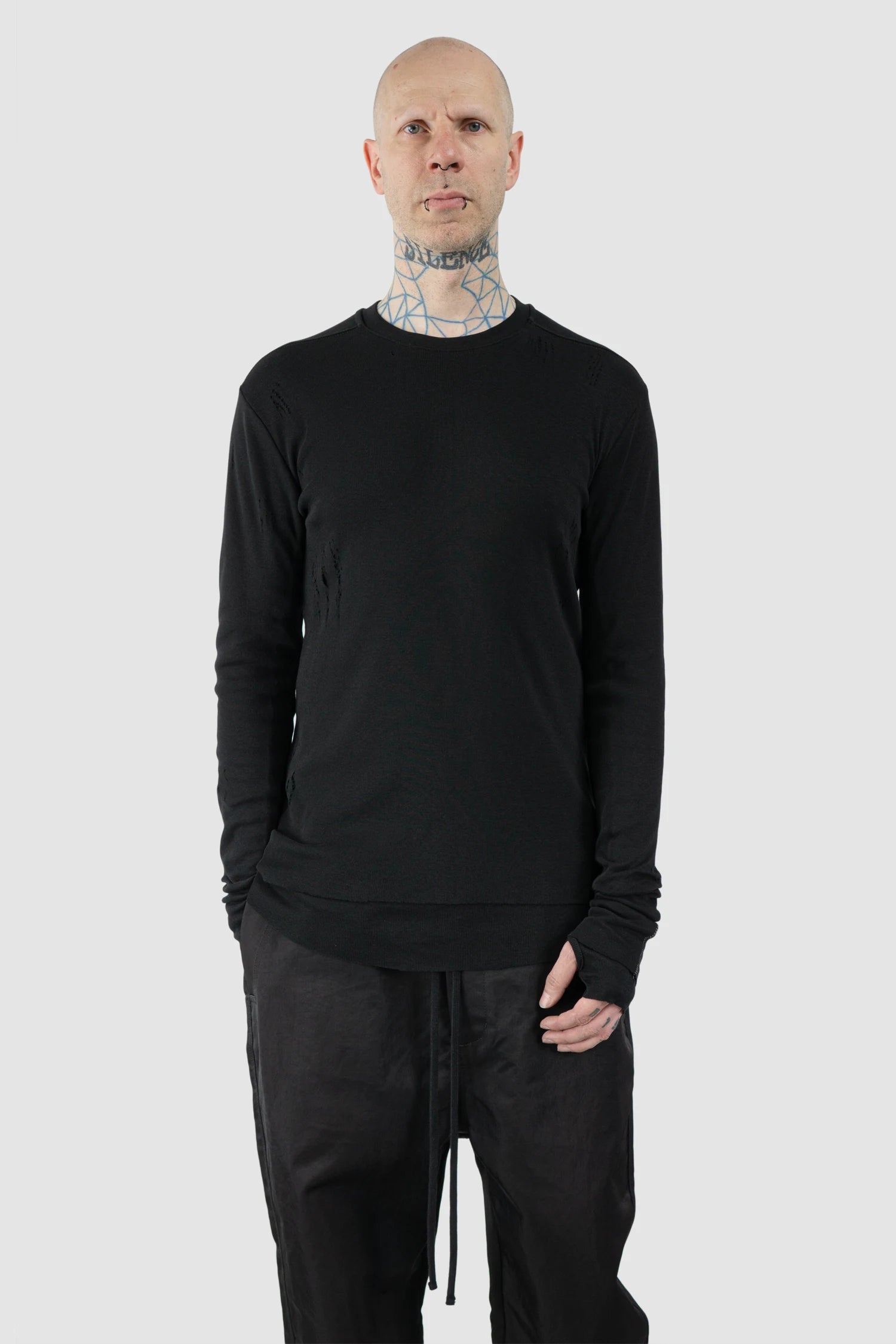 Thom Krom – Men's Black Destroyed Double Layer Long Sleeve - model relaxed view
