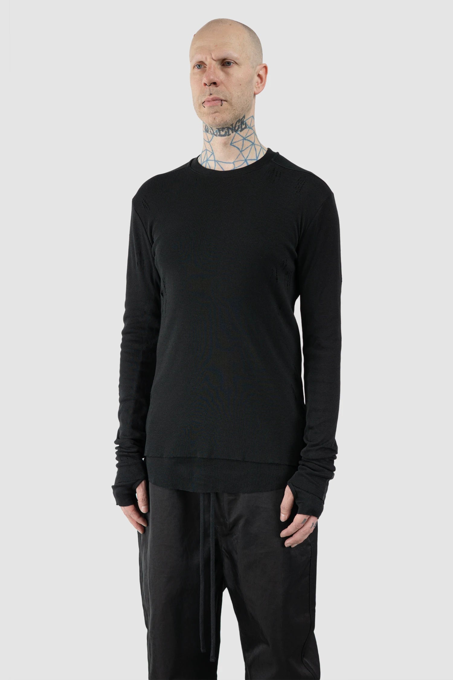 Thom Krom – Men's Black Destroyed Double Layer Long Sleeve - model side view - MONO-KROM | Gallery
