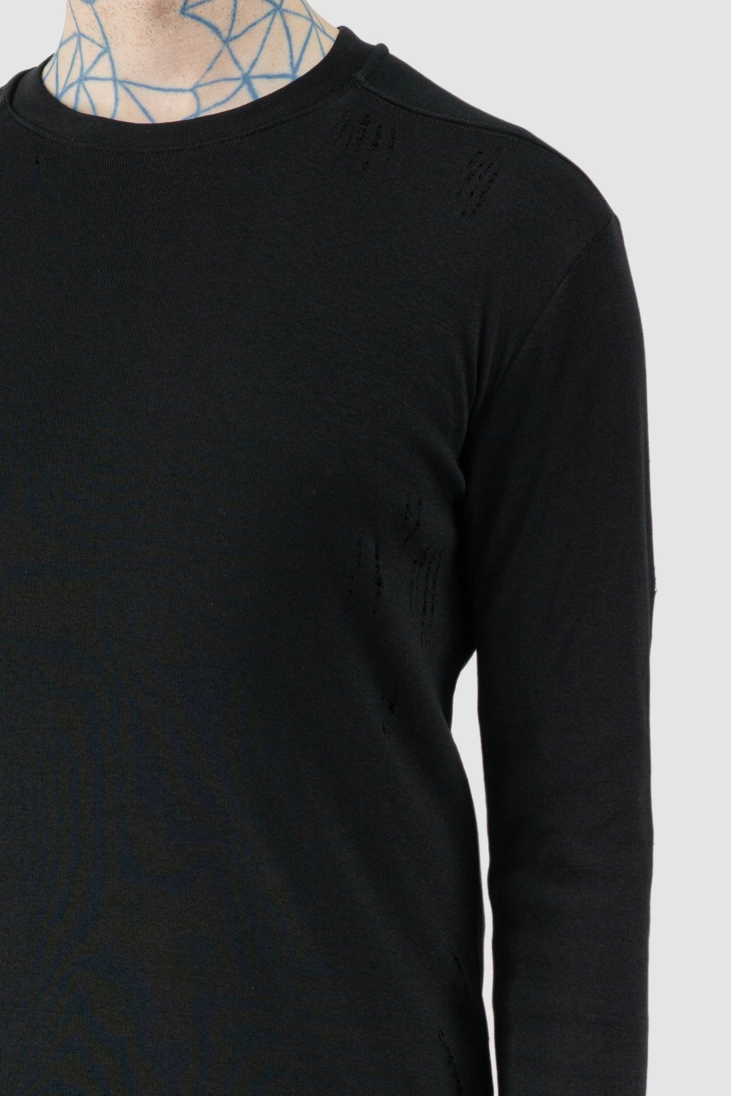 Thom Krom – Men's Black Destroyed Double Layer Long Sleeve - shoulder detail view