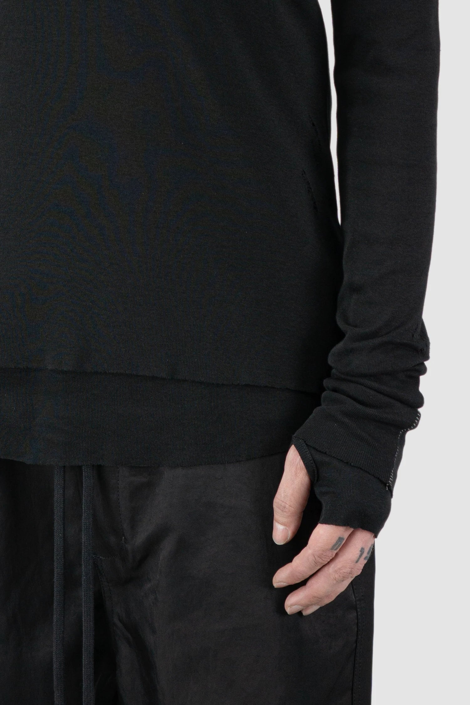 Thom Krom – Men's Black Destroyed Double Layer Long Sleeve - thumbhole detail view