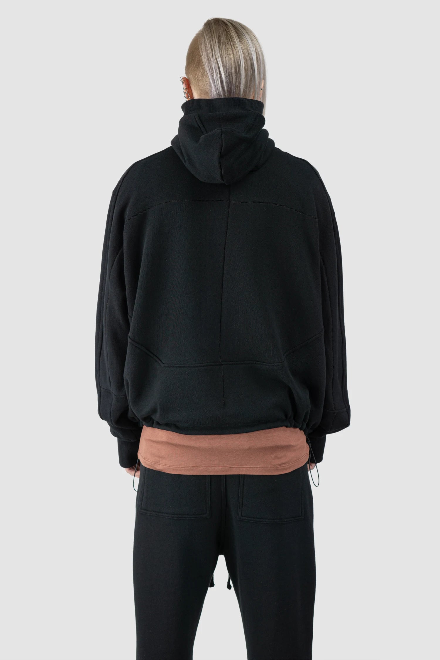 Thom Krom - Men’s Black Double Layer Cotton Hooded Zip-Sweater M-SJ-695 model back view