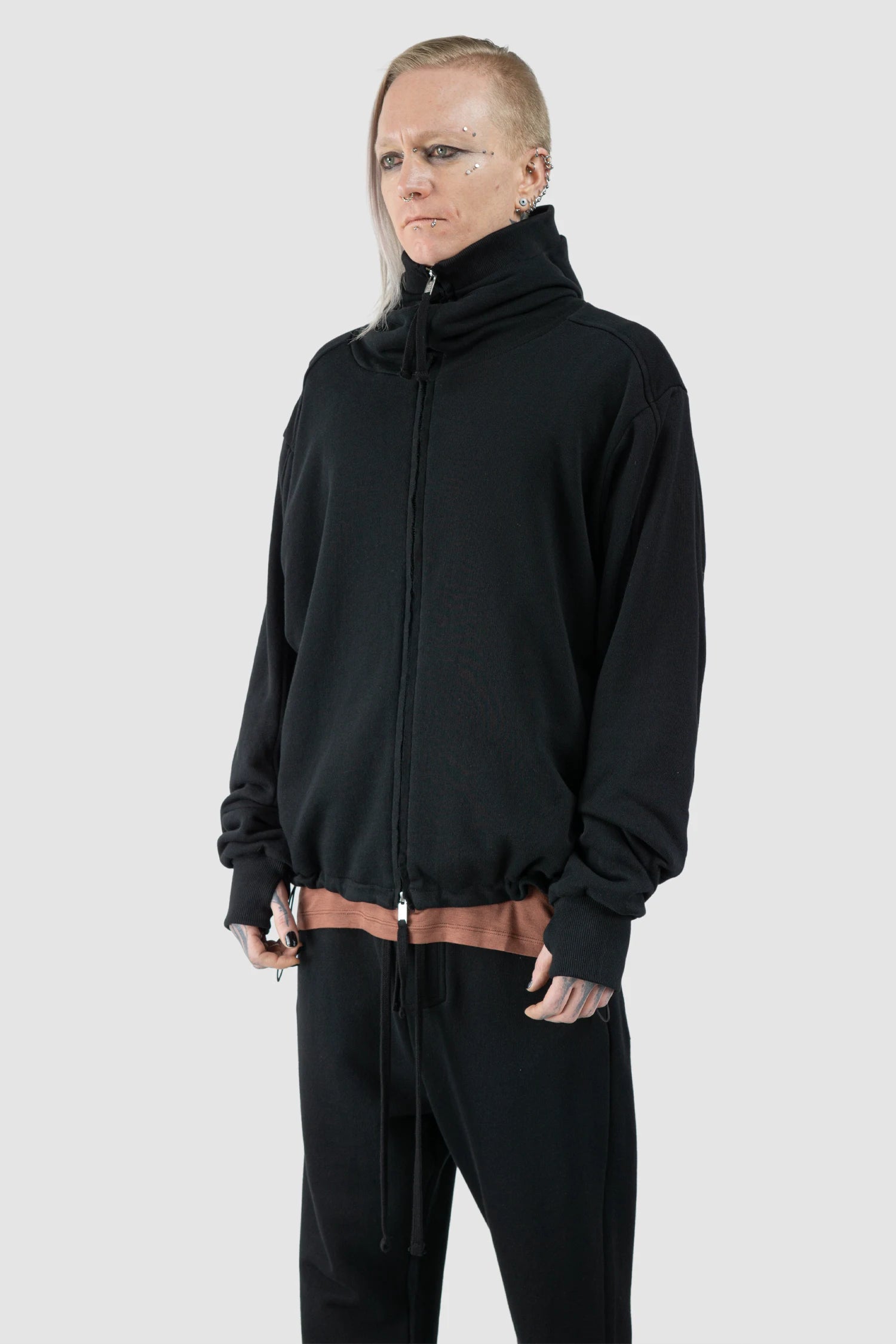 Thom Krom - Men’s Black Double Layer Cotton Hooded Zip-Sweater M-SJ-695 model front side view