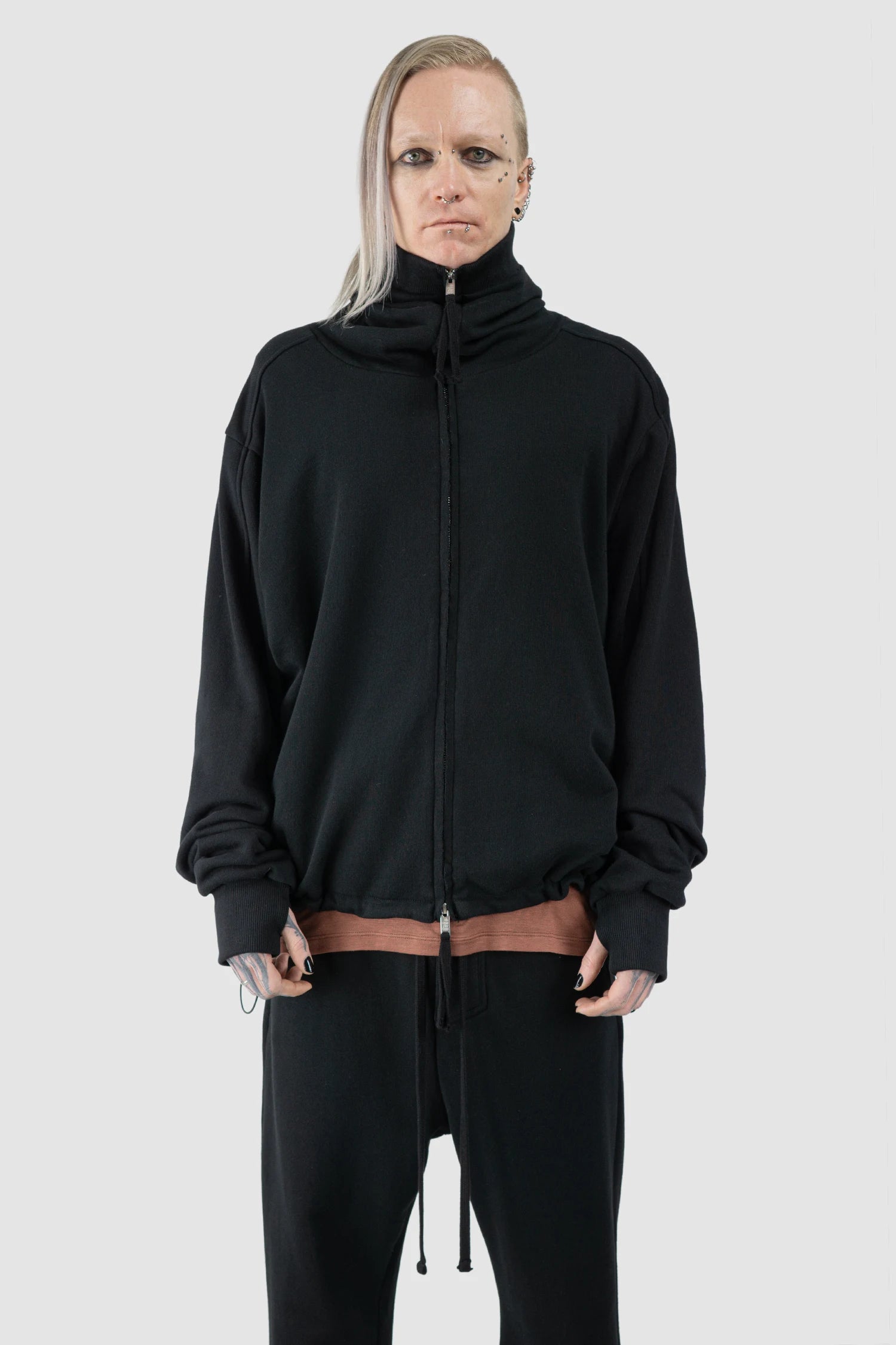 Thom Krom - Men’s Black Double Layer Cotton Hooded Zip-Sweater M-SJ-695 model front view