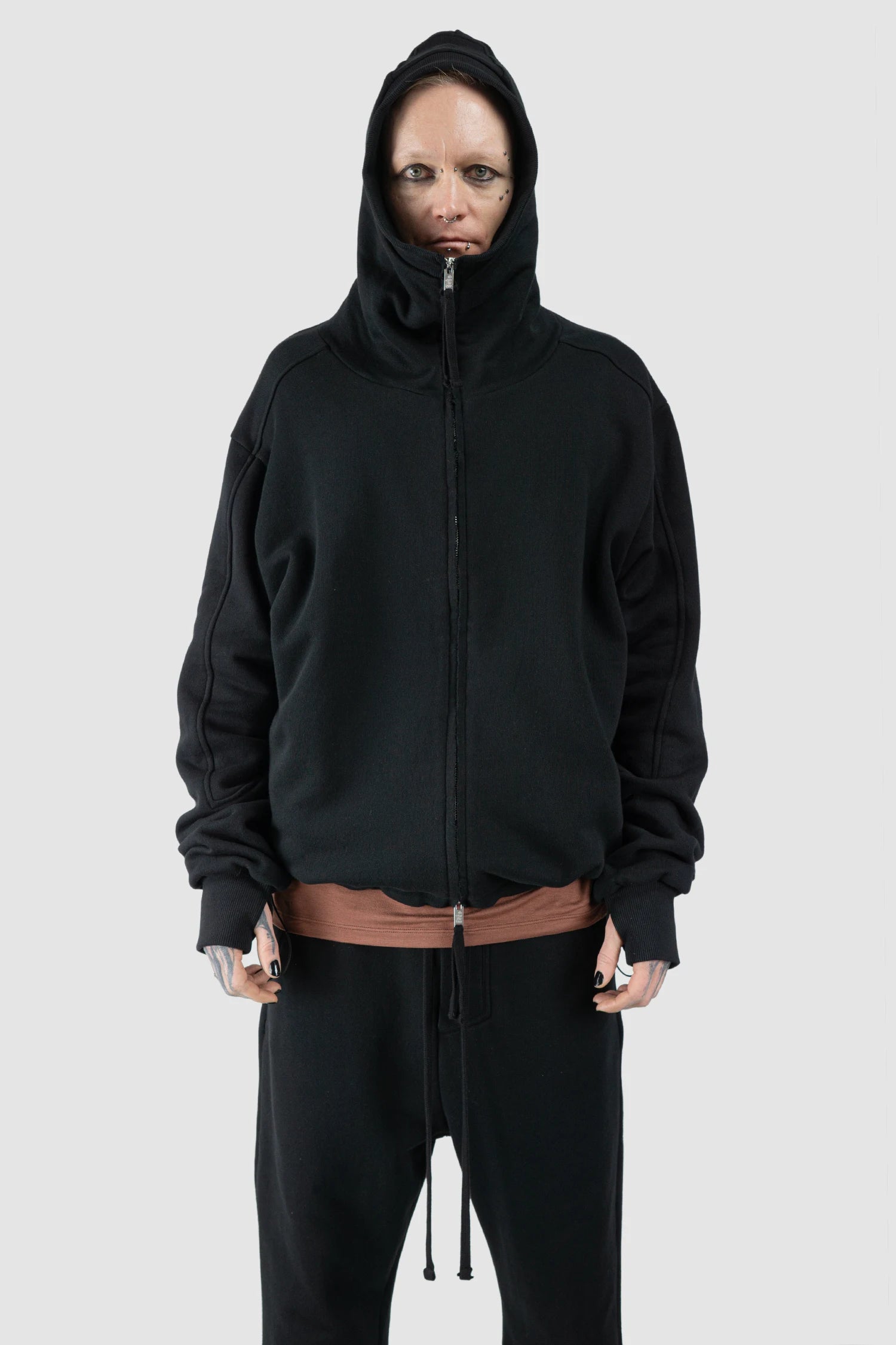 Thom Krom - Men’s Black Double Layer Cotton Hooded Zip-Sweater M-SJ-695 model front hooded view