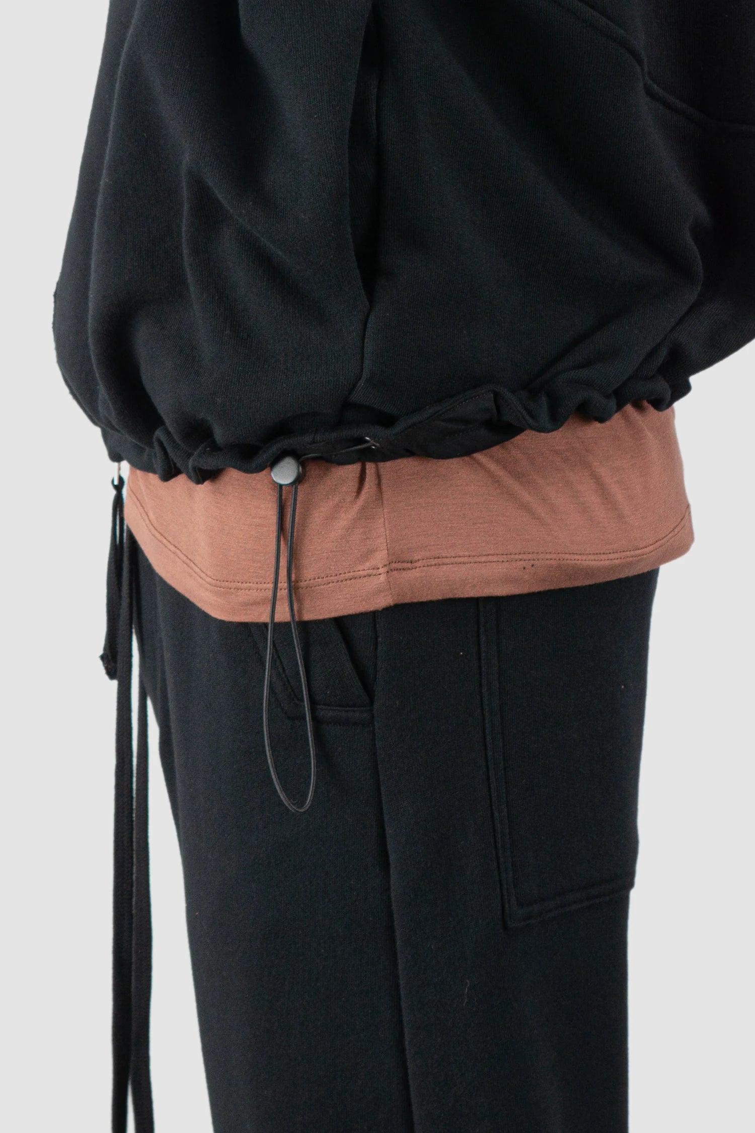 Thom Krom - Men’s Black Double Layer Cotton Hooded Zip-Sweater M-SJ-695 model side detail view