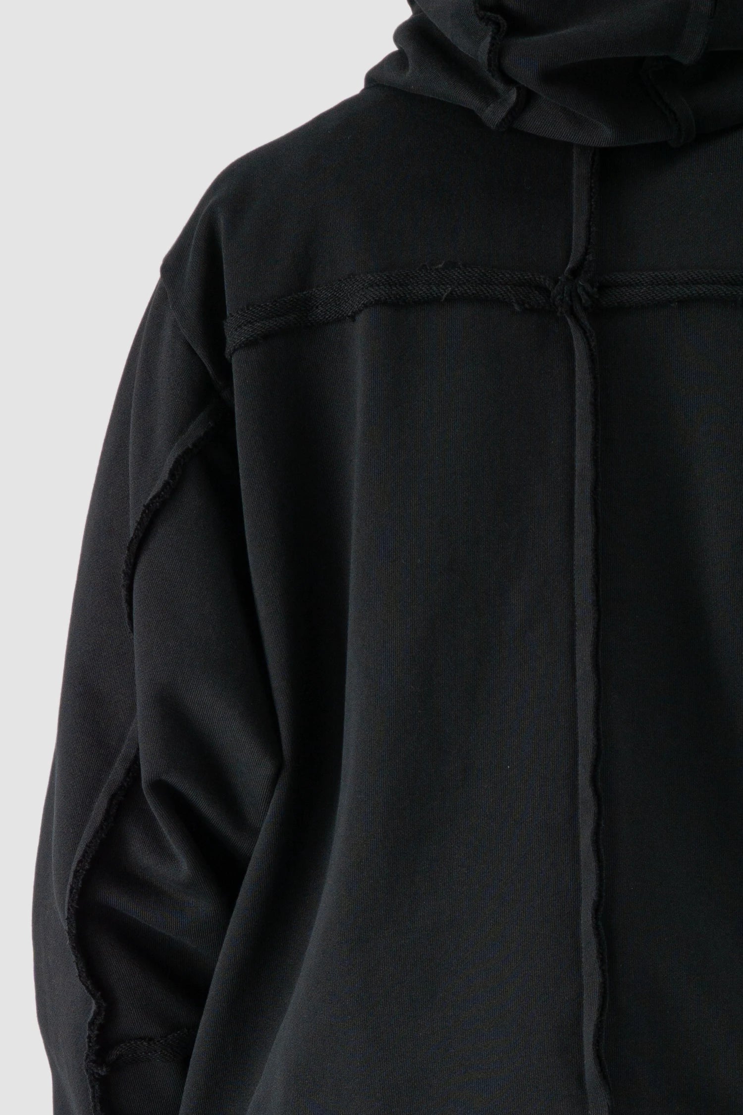 Thom Krom - model back detail view of men’s Black Heavy Cotton Hoodie with Two Way Zipper M-SJ-690