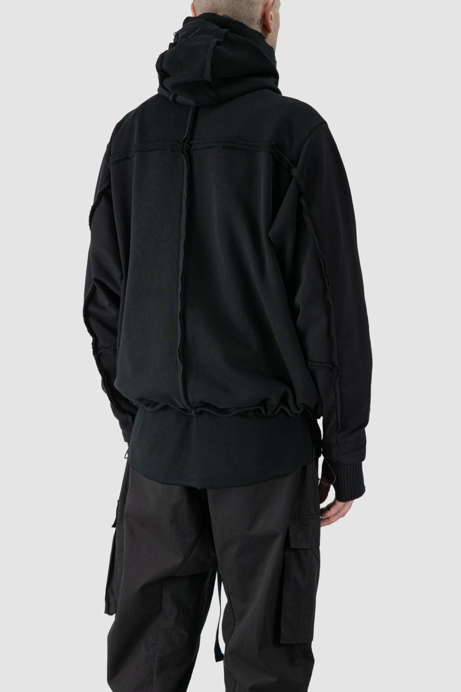 Thom Krom - model back side view of men’s Black Heavy Cotton Hoodie with Two Way Zipper M-SJ-690