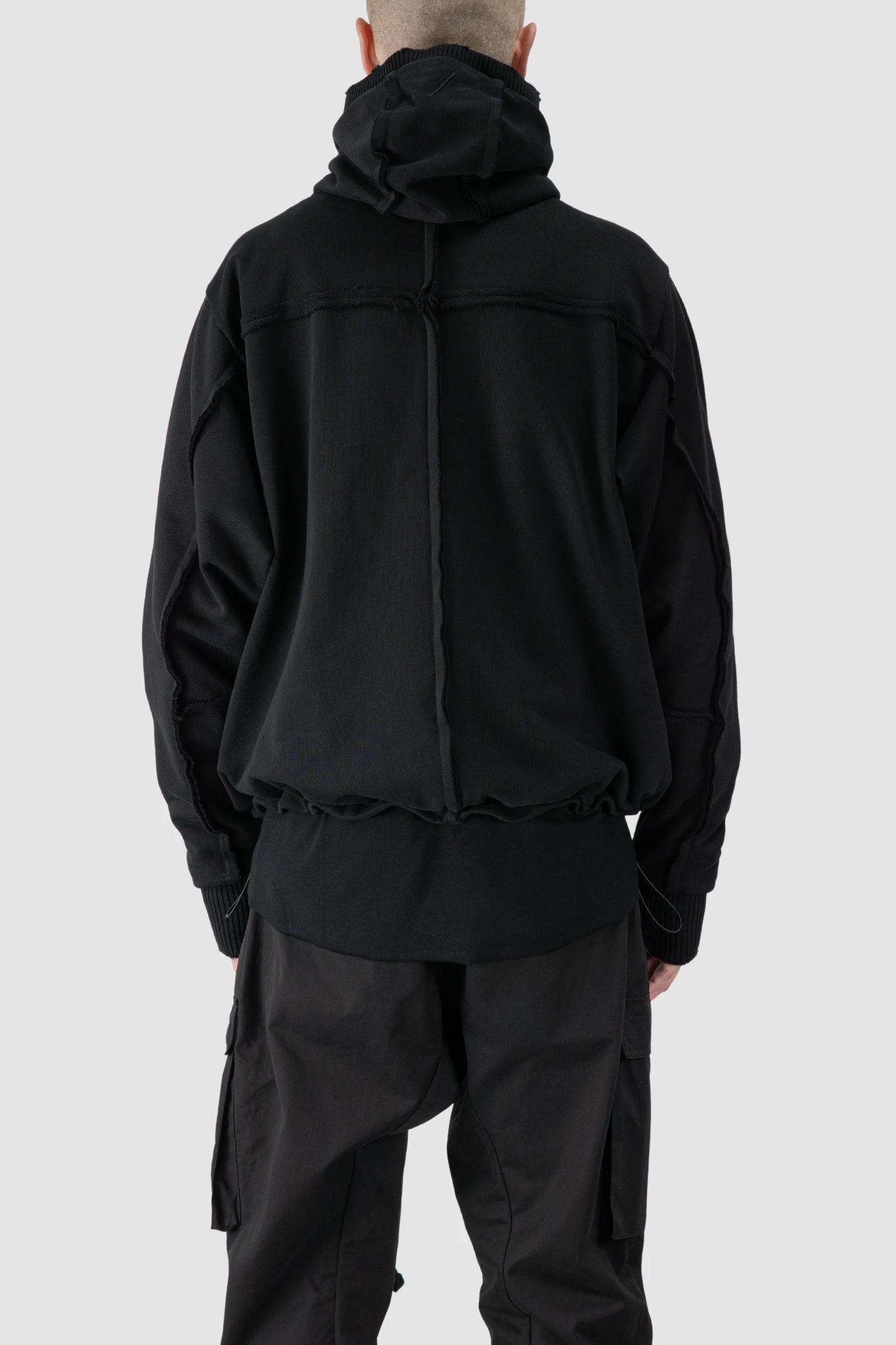 Thom Krom - model back view of men’s Black Heavy Cotton Hoodie with Two Way Zipper M-SJ-690