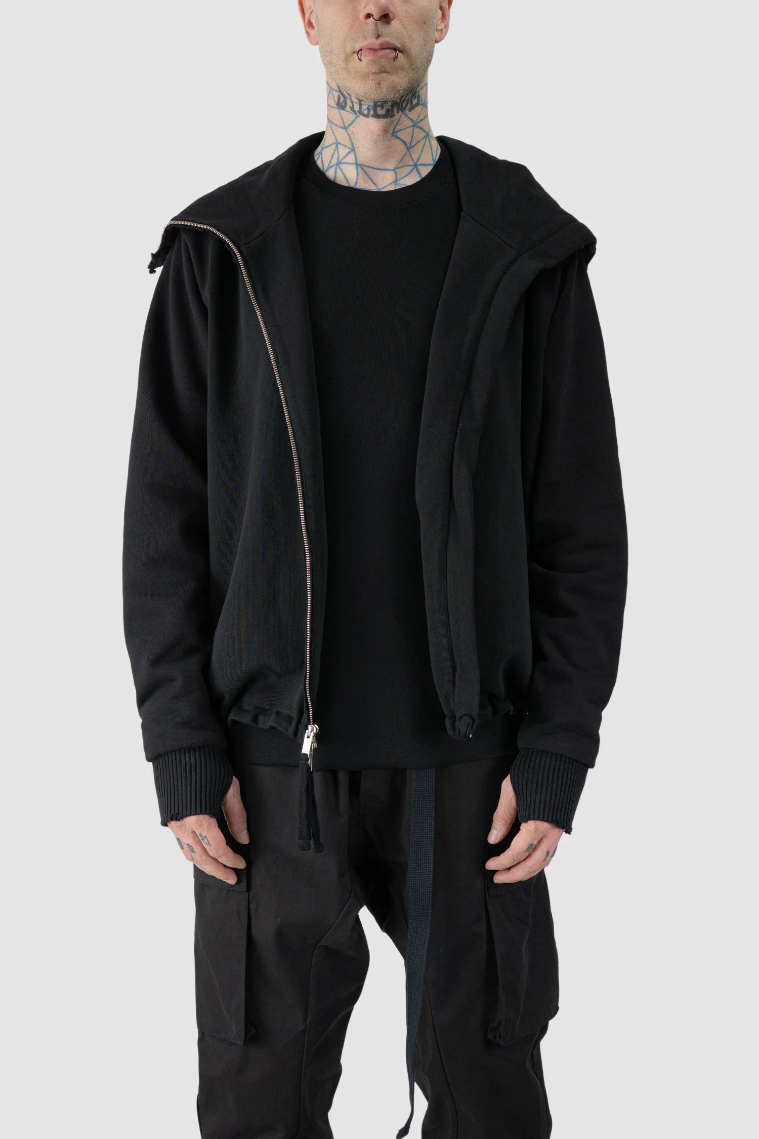 Thom Krom - model front open view of men’s Black Heavy Cotton Hoodie with Two Way Zipper M-SJ-690