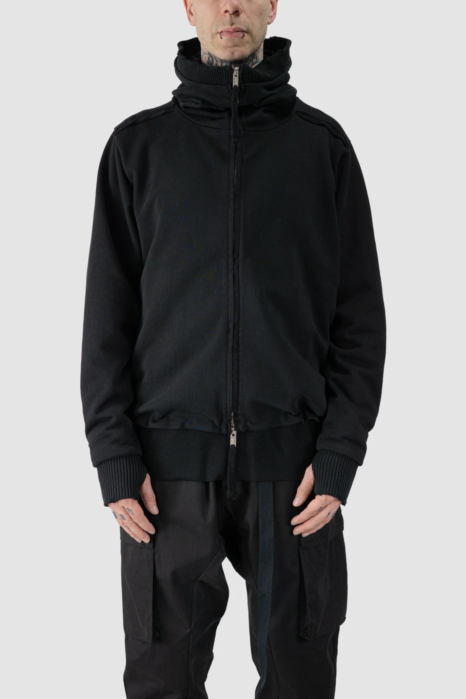 Thom Krom - model front view of men’s Black Heavy Cotton Hoodie with Two Way Zipper M-SJ-690