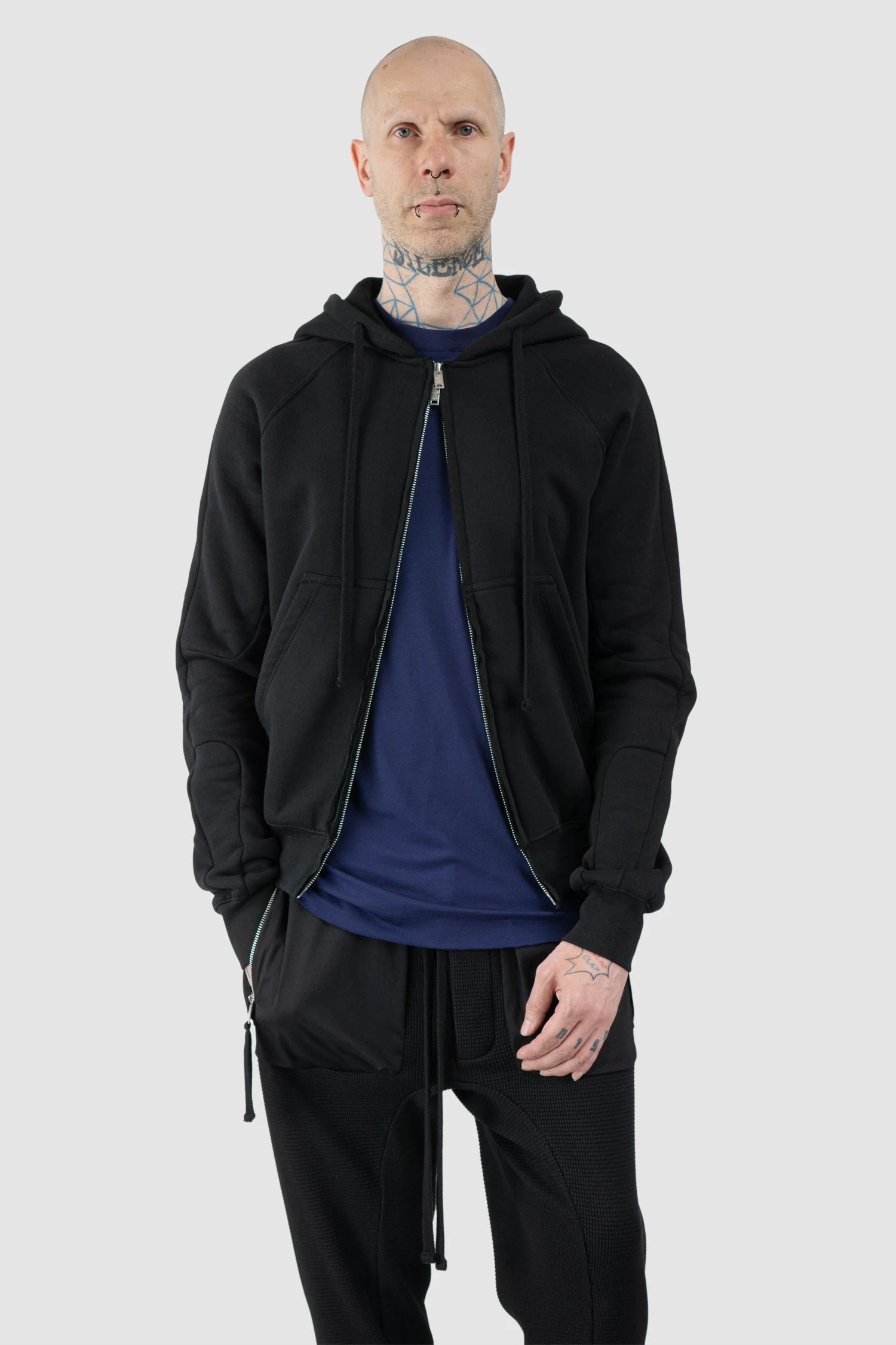 Thom Krom – Men's Black Hooded Cotton Zip Sweater - model relaxed view