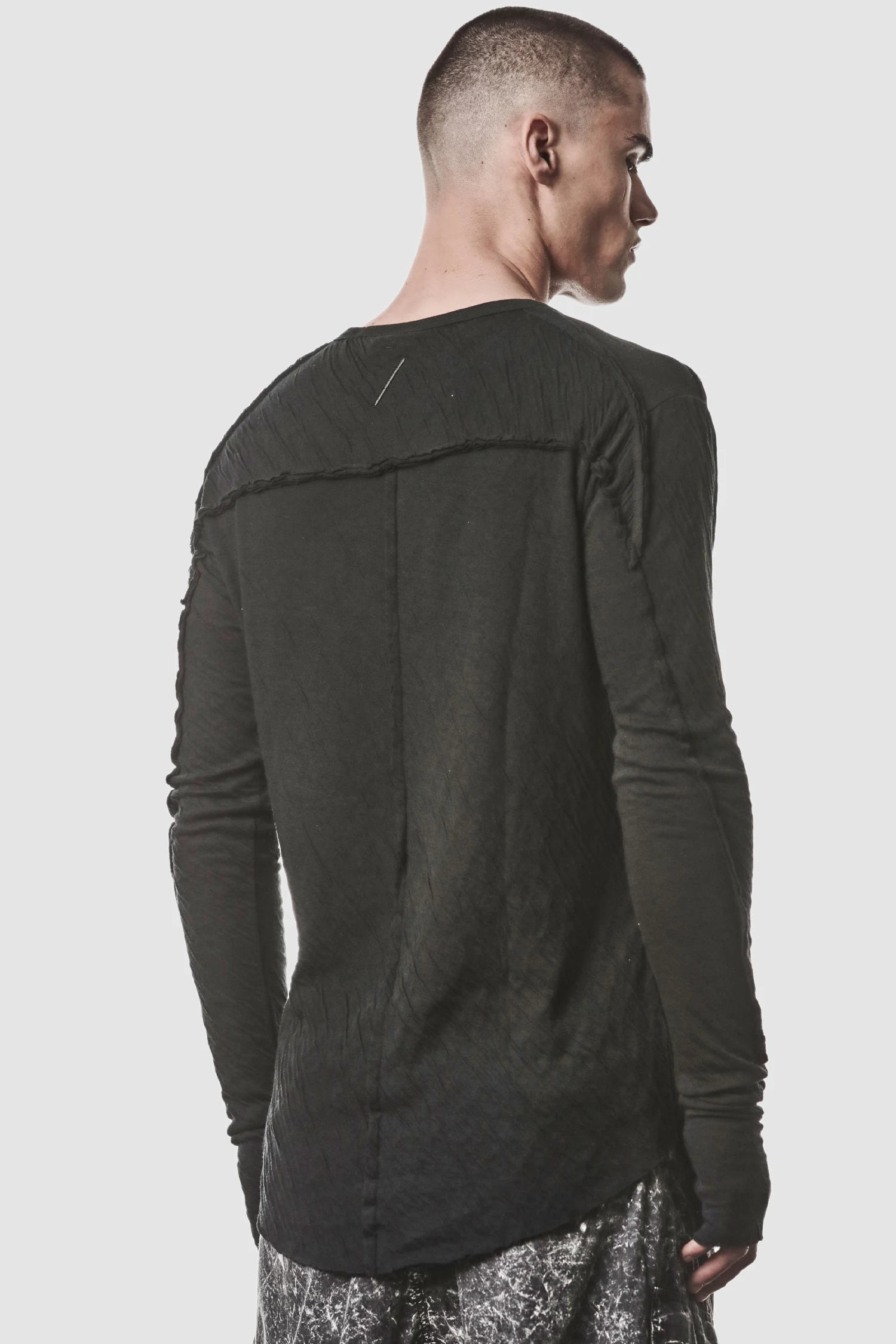 Thom Krom - model back side view of men’s Black Bonded Double Layer Long Sleeve T-Shirt