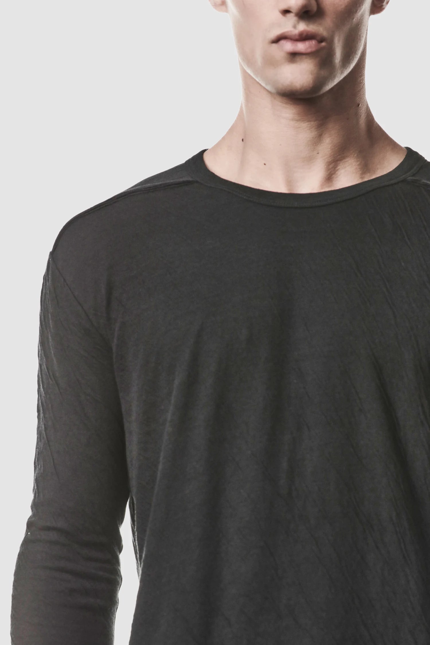 Thom Krom - model front detail view of men’s Black Bonded Double Layer Long Sleeve T-Shirt
