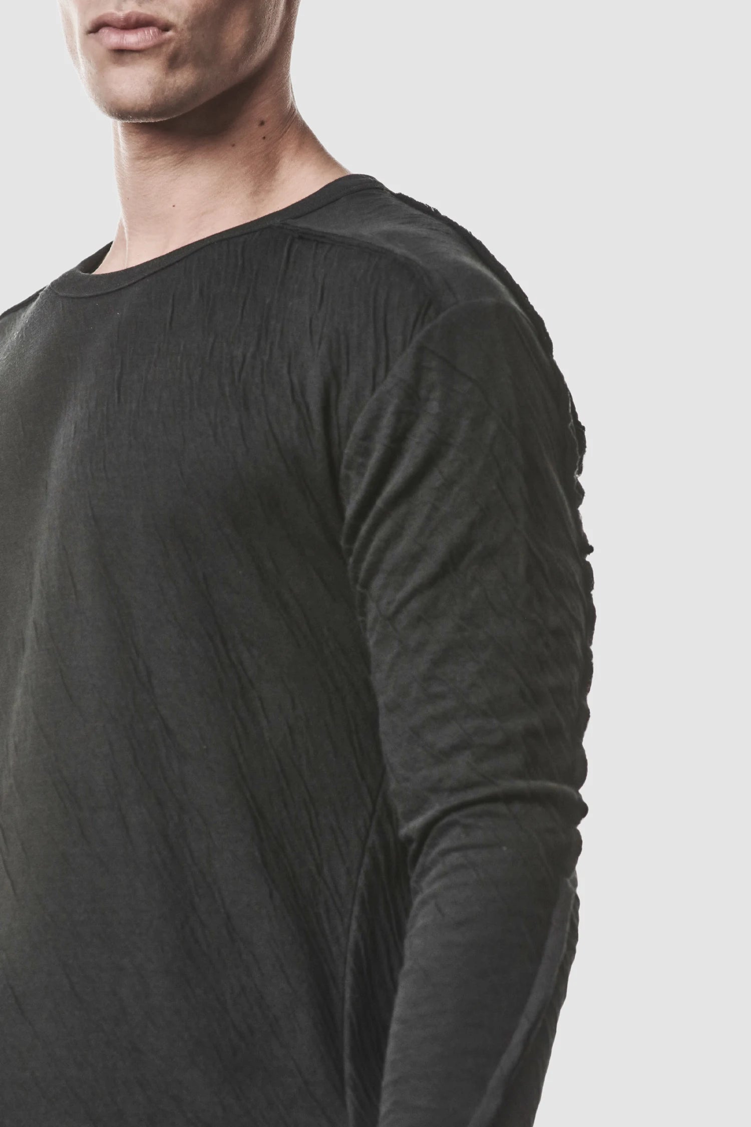 Thom Krom - model side detail view of men’s Black Bonded Double Layer Long Sleeve T-Shirt