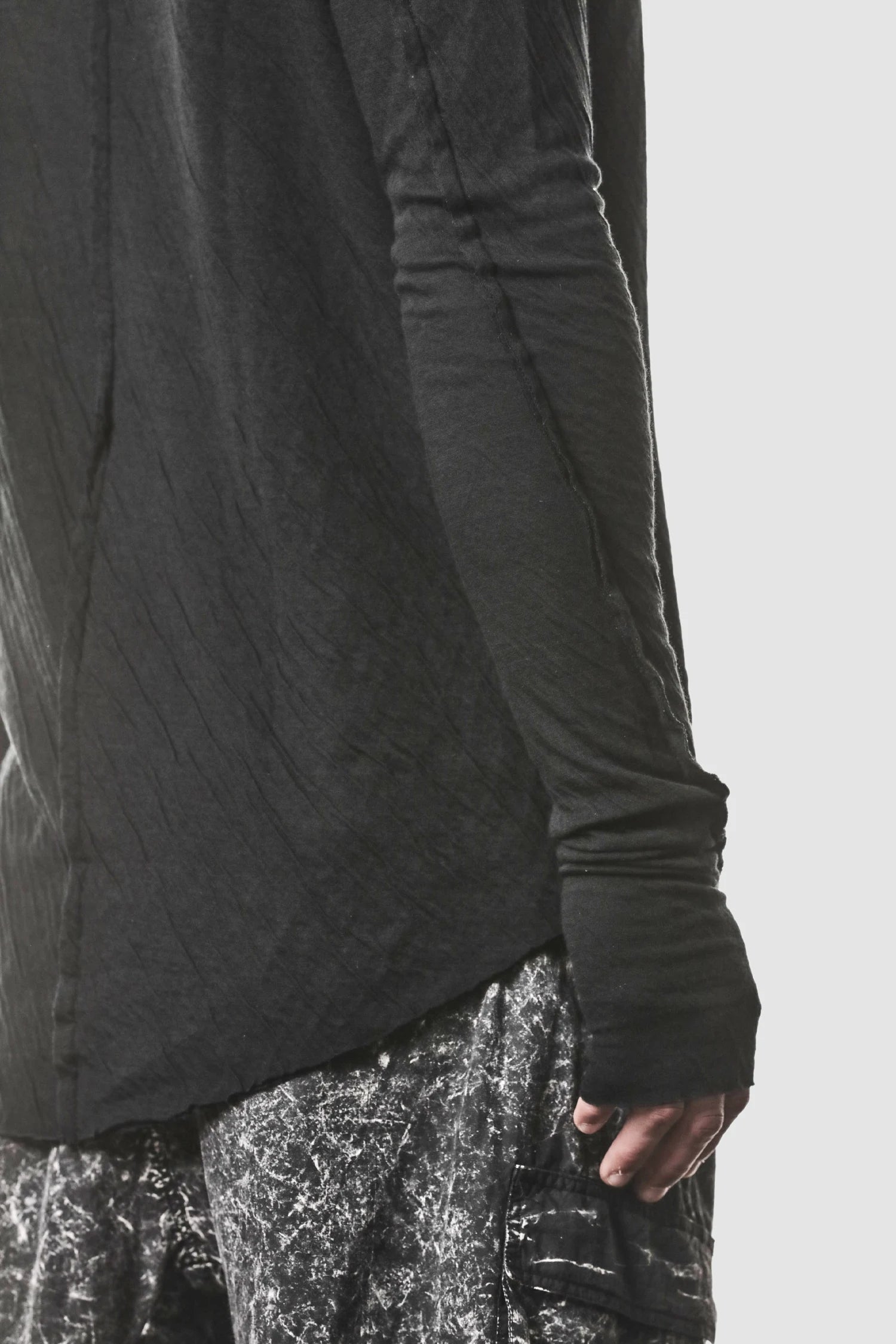 Thom Krom - model arm detail view of men’s Black Bonded Double Layer Long Sleeve T-Shirt