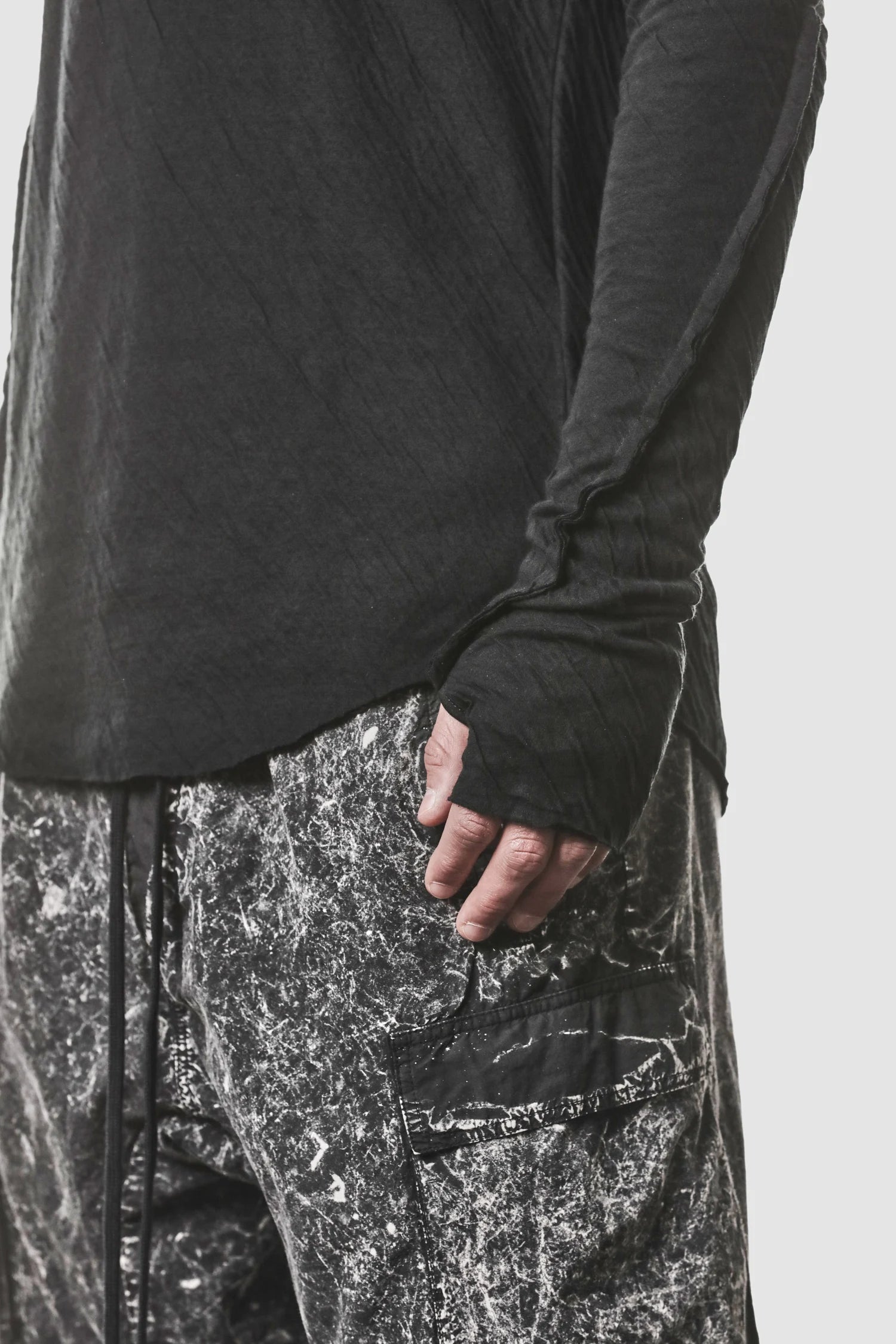 Thom Krom - model hem detail view of men’s Black Bonded Double Layer Long Sleeve T-Shirt