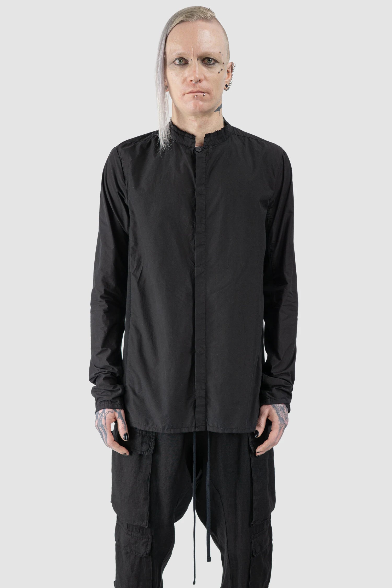 Black Organic Cotton Shirt with Stand Up Collar