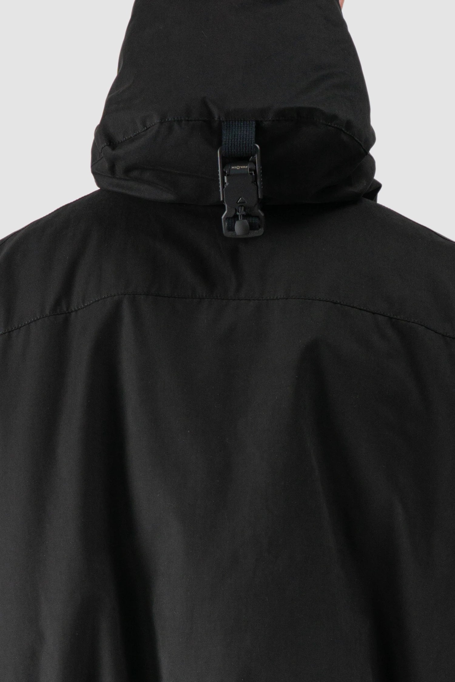 Thom Krom - hood detail view of men’s Black Padded Short Jacket with Magnetic Buckle Hoody M-J-74