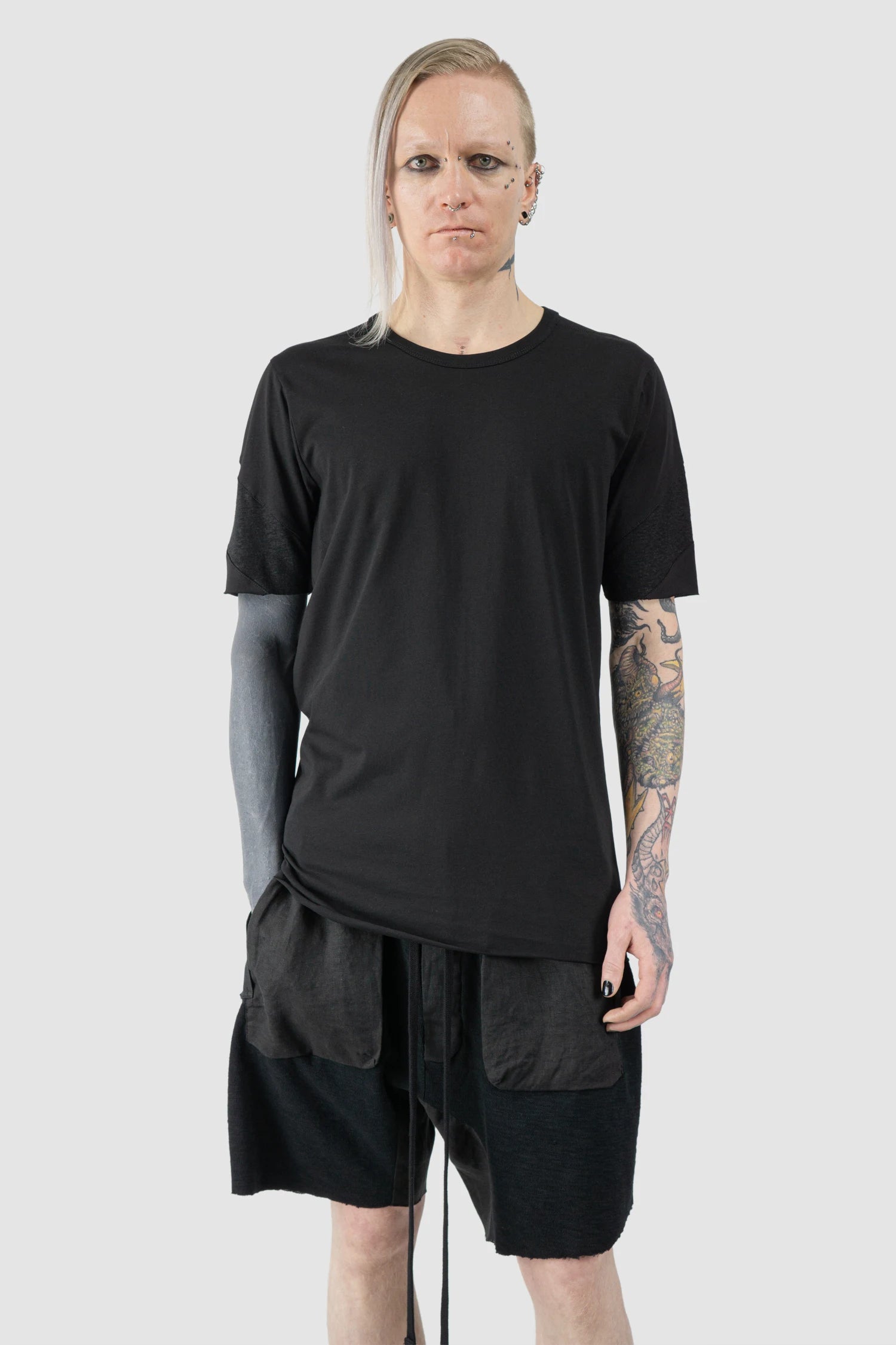 Thom Krom - Men’s Black Shoulder Panel Cotton T-Shirt M-TS-926 model front relaxed view