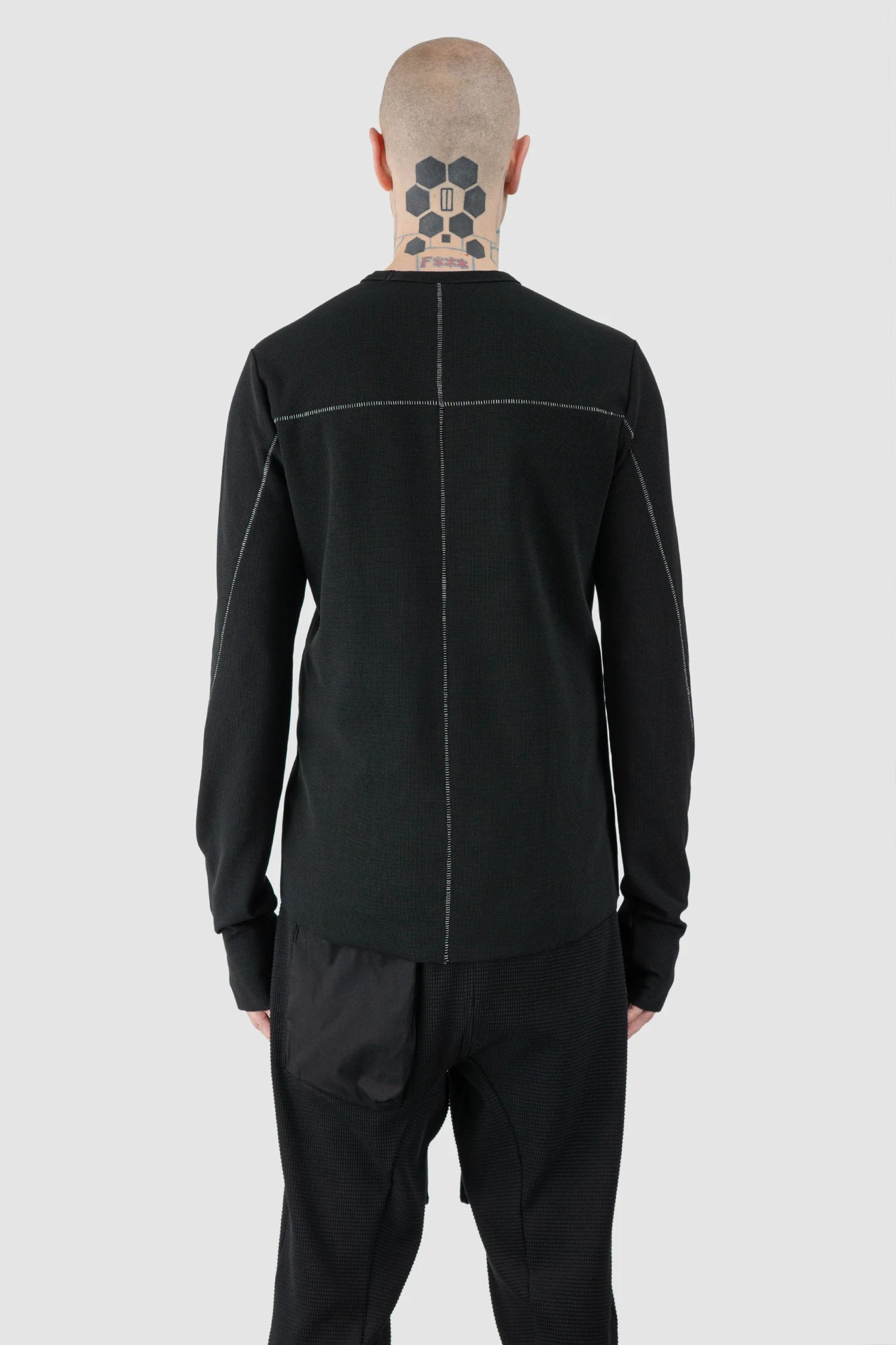 Thom Krom – Men's Black Structured Cotton Contrast Stitch Long Sleeve - model back view