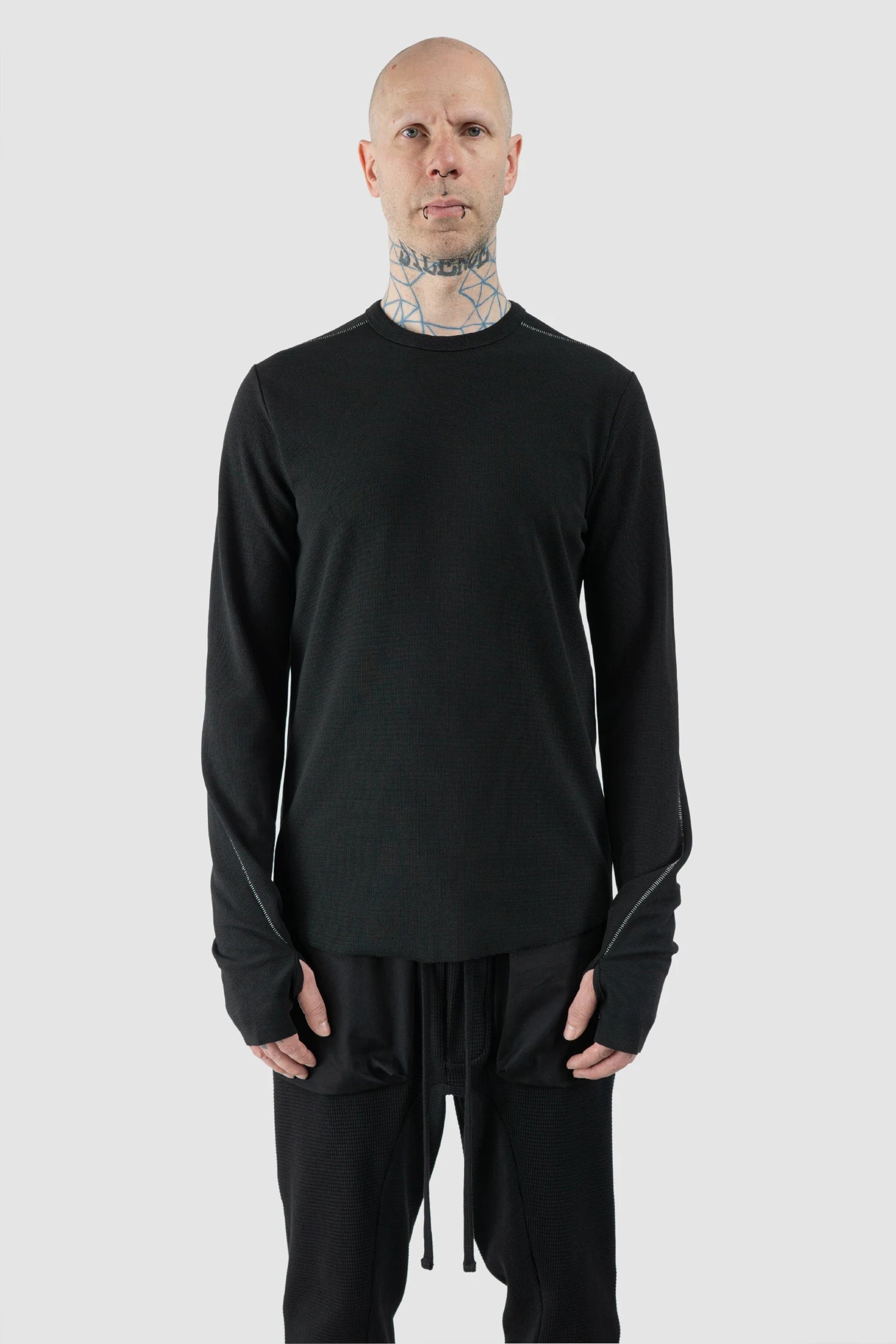 Thom Krom – Men's Black Structured Cotton Contrast Stitch Long Sleeve - model front view