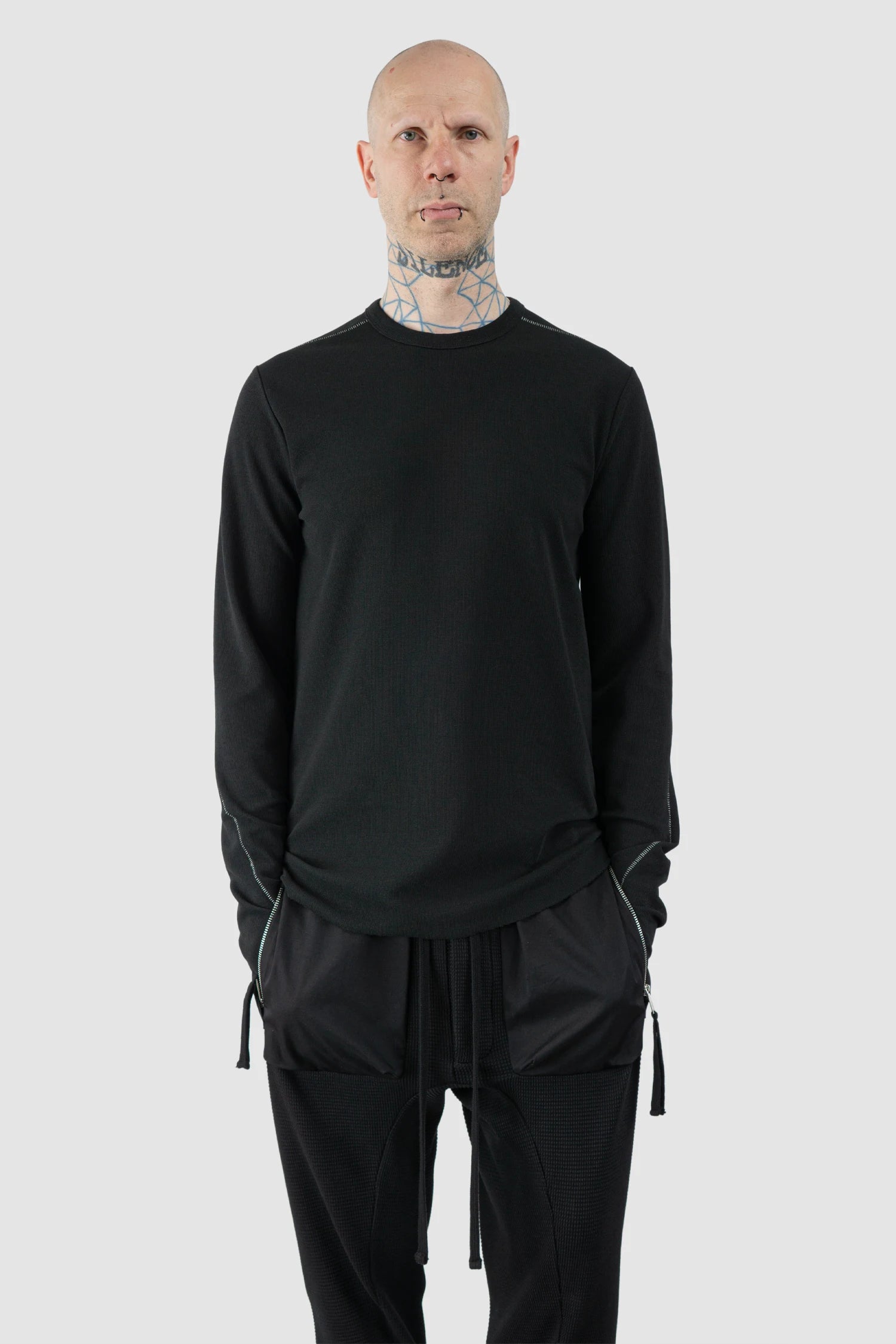 Thom Krom – Men's Black Structured Cotton Contrast Stitch Long Sleeve - model relaxed view