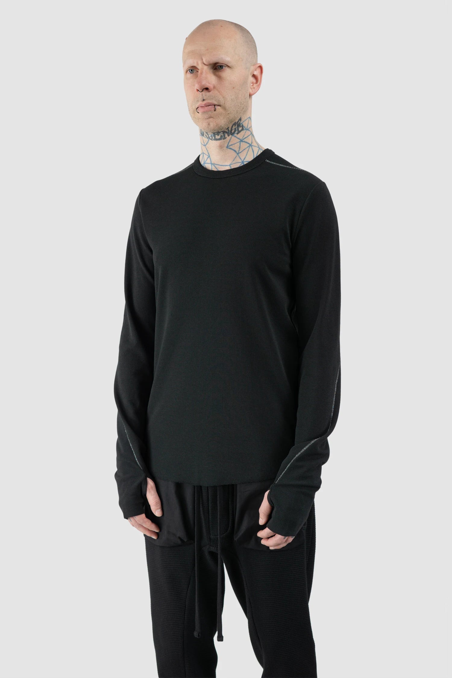 Thom Krom – Men's Black Structured Cotton Contrast Stitch Long Sleeve - model front side view