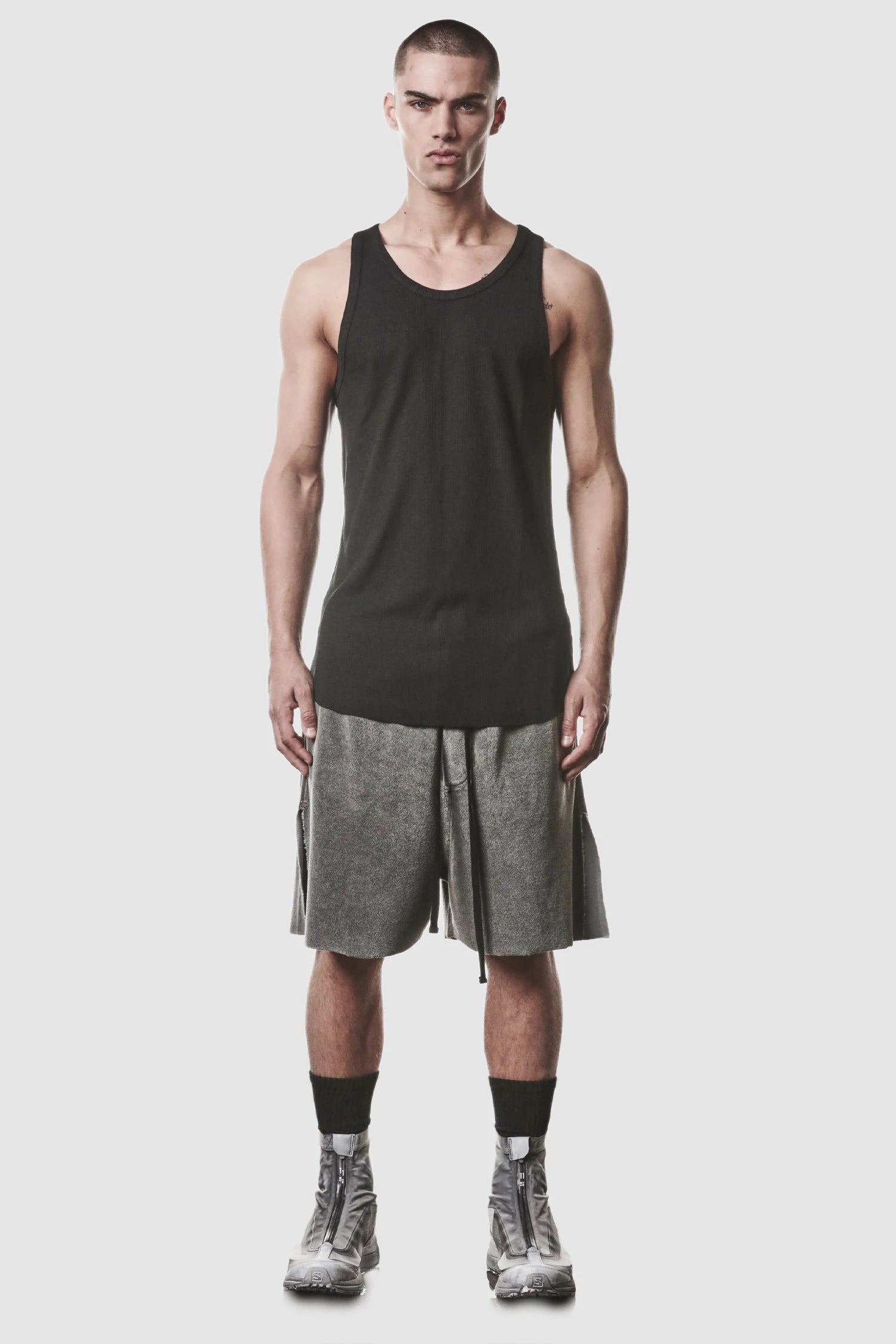 Thom Krom - model front full view of men’s Black Cotton-Linen Mix Rib Tank Top