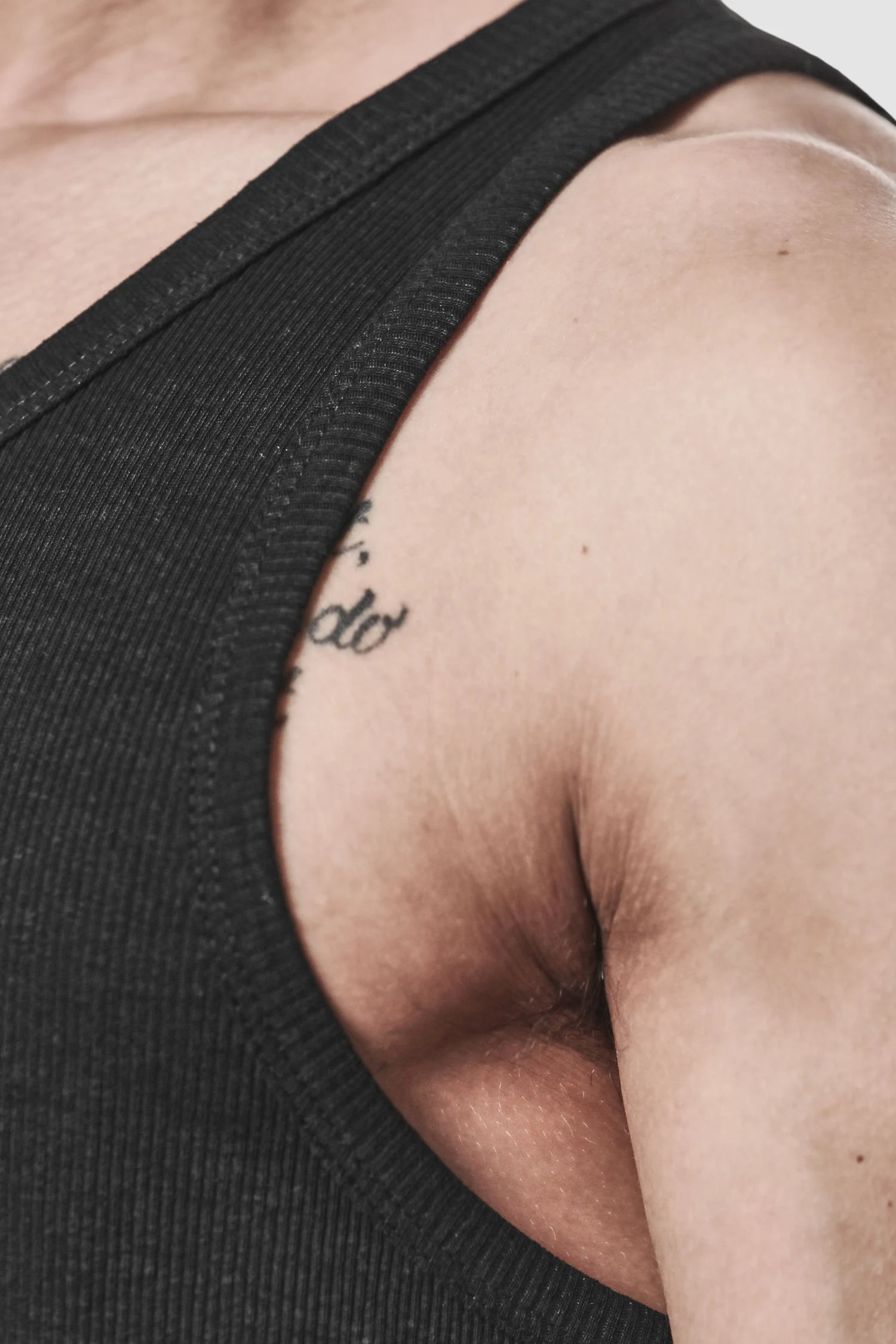 Thom Krom - close up view of men’s Black Cotton-Linen Mix Rib Tank Top