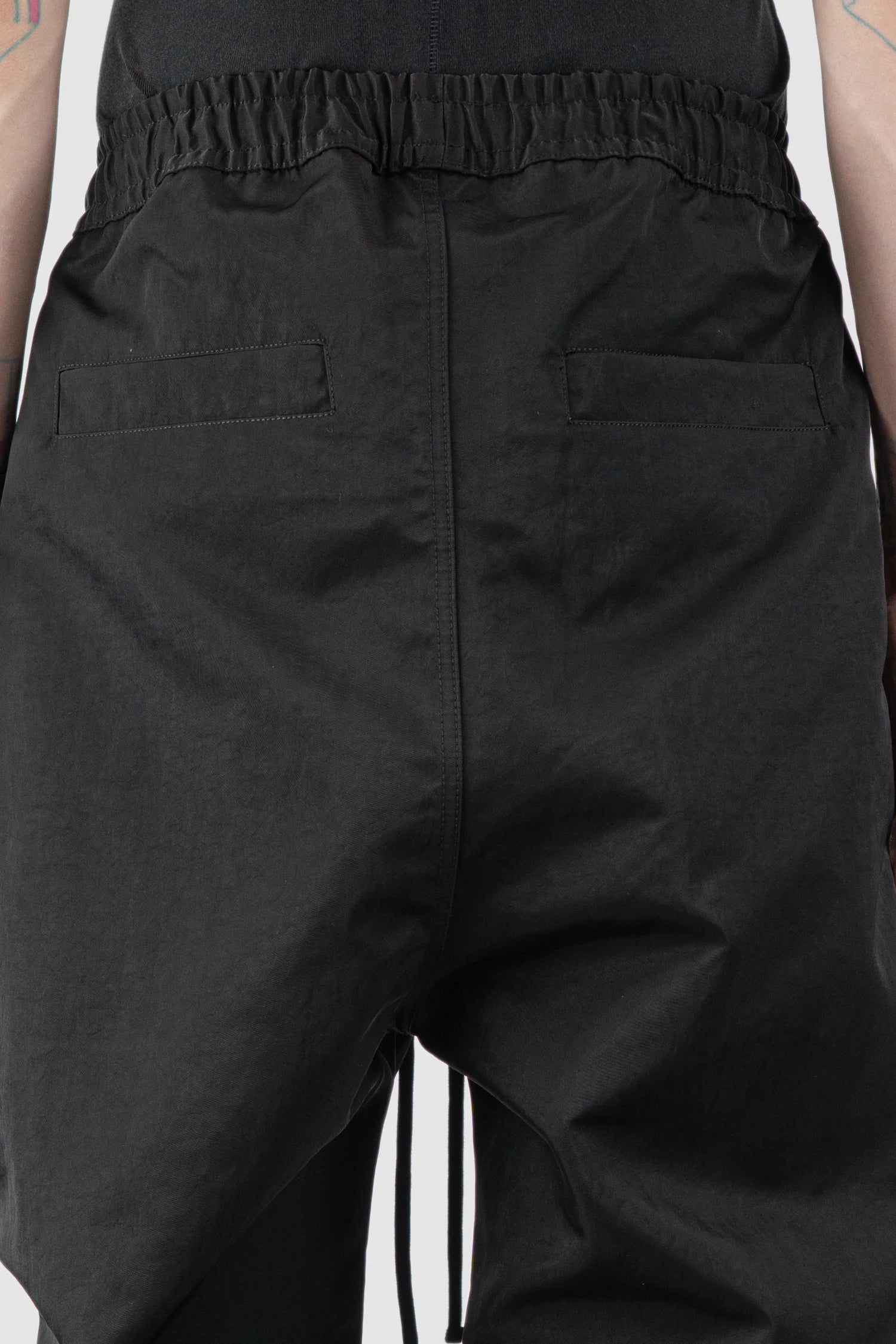 Thom Krom – Men's Black Tech Woven Wide Leg Trousers - back detail view